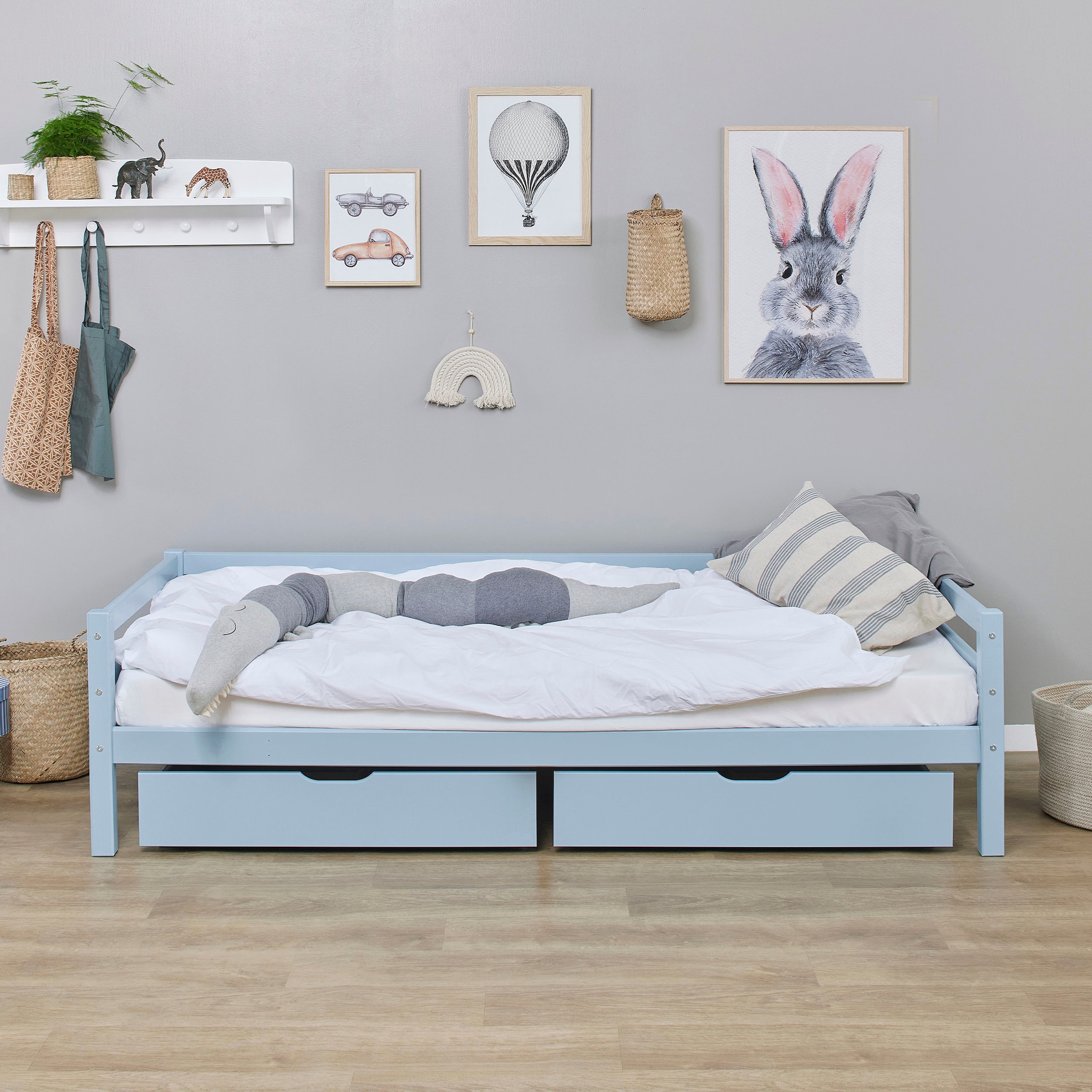 Hoppekids Lit de jour »Kinderbett ECO Dream, Einzelbett, Juniorbett 90x200« Lit,  blanc, vert, bleu, rose, gris