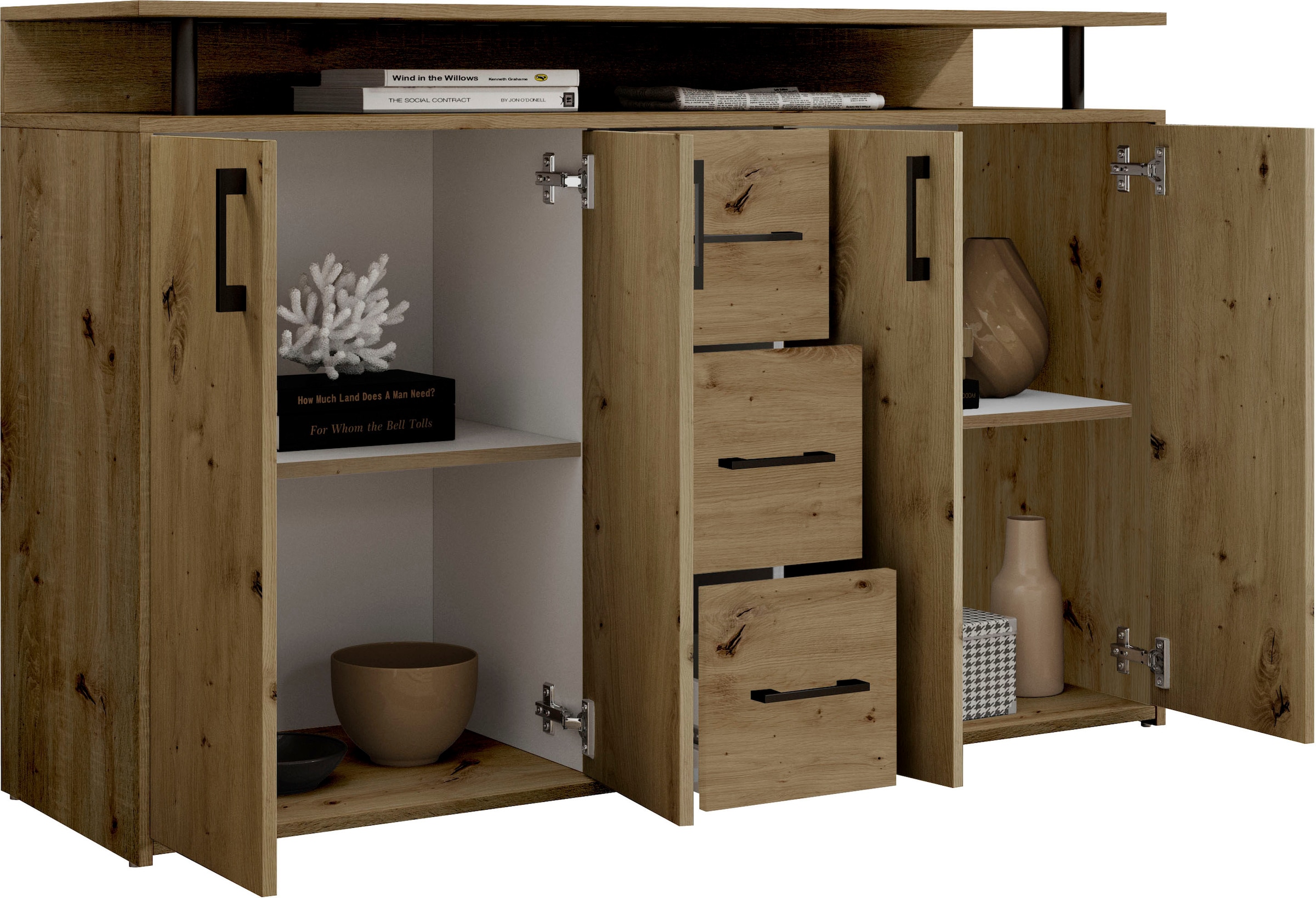 HBZ Sideboard »Drivno Sideboard, B/H/T 139x90x34 cm« Breite 139cm, Kugelauszug, Einlegeböden verstellbar, 3 Schubkästen