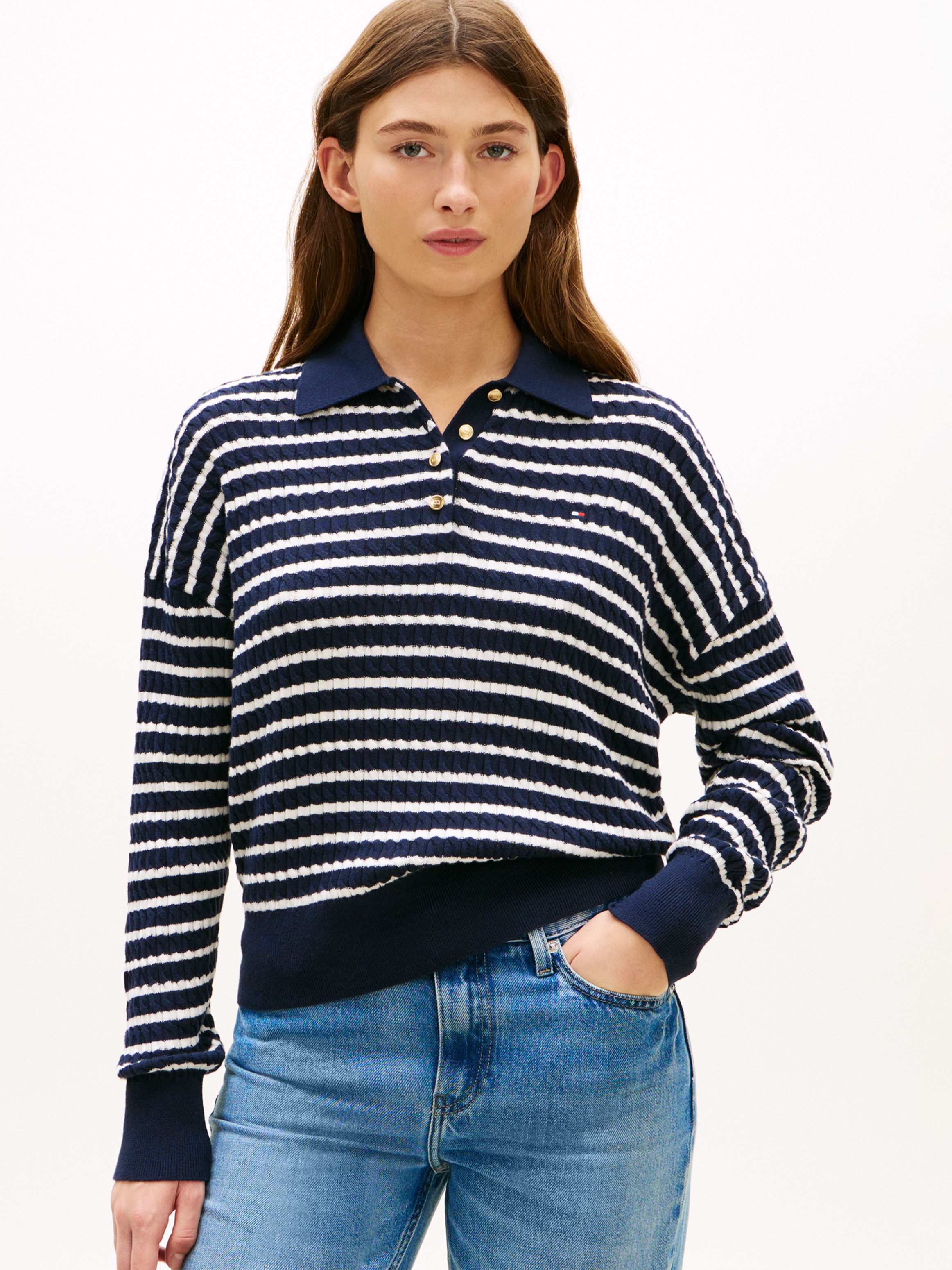 Tommy Hilfiger Pull en tricot »CO CABLE FINE GG RLXD POLO SWT« avec motif torsadé