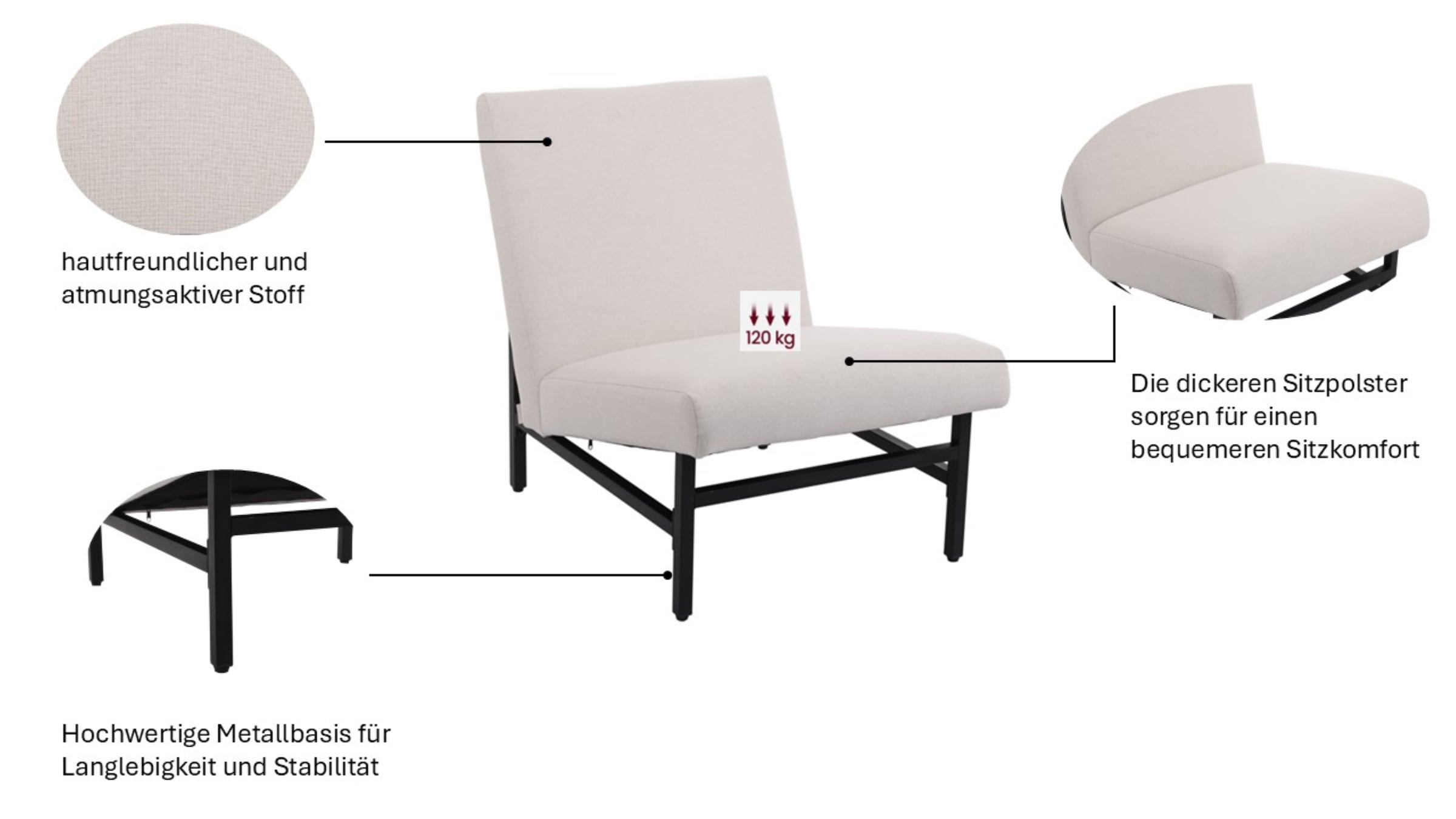 LeGer Home by Lena Gercke Fauteuil »SORAAYA Lounge-Sessel, Lese-Sessel, TV-Sessel« schwarzes Metall-Gestell, feiner Web-Stoff