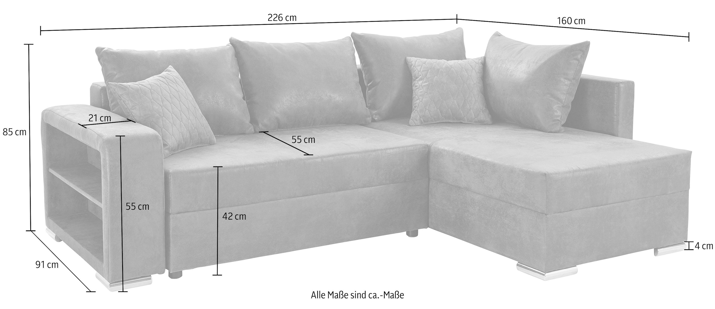 COLLECTION AB Canapé d'angle »John L-Form, B: 226 cm« fonction lit, coffre de lit, élément étagère et 2 coussins décoratifs, ressorts ensachés