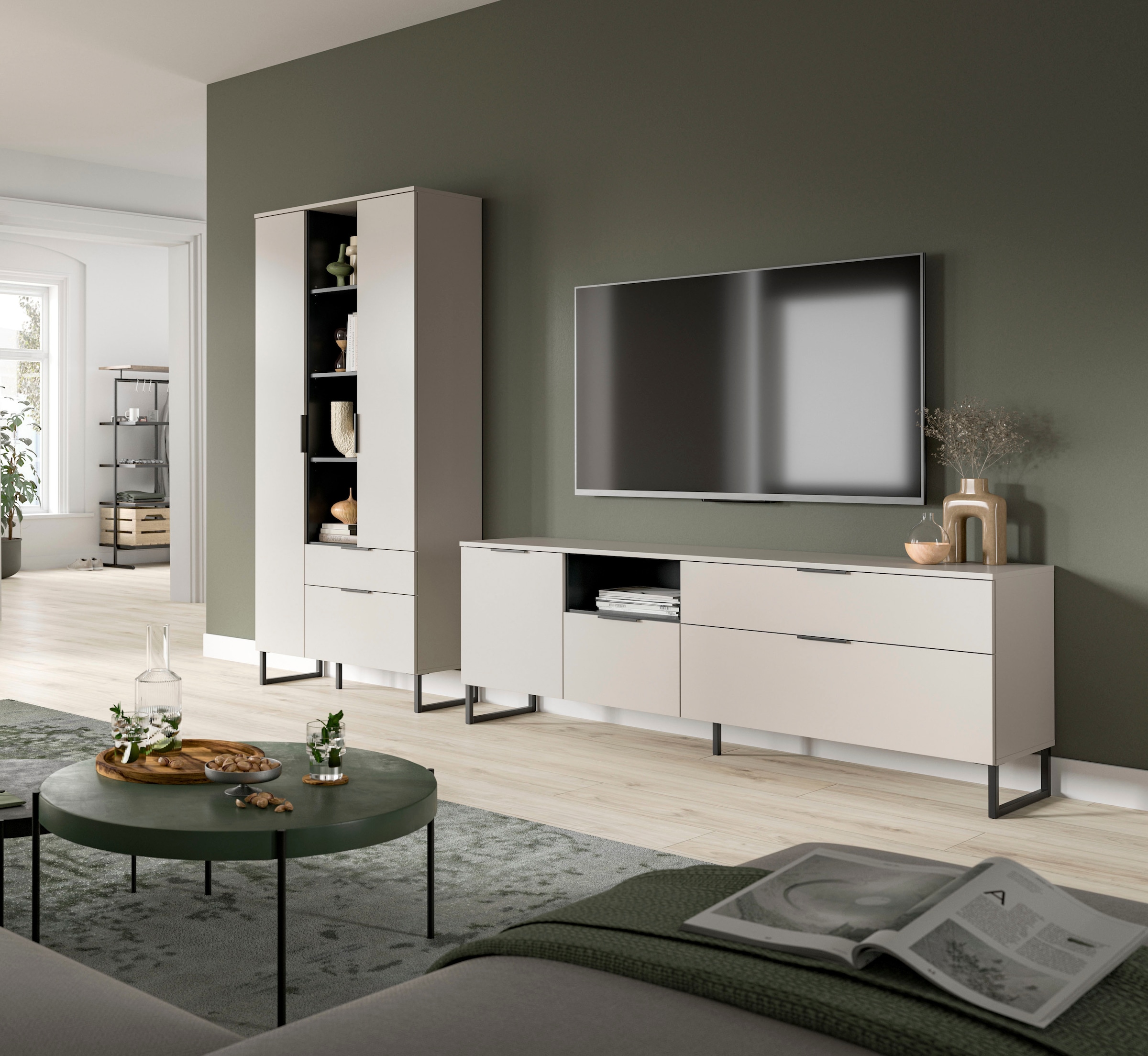 Home affaire Meuble mural »ADIO, Breite 290 cm, 2-teiliges Set, mit Metall-Kufenfüsse« Set, bestehend aus: Mehrzweckschrank und Lowboard, 2 cuis tlg.