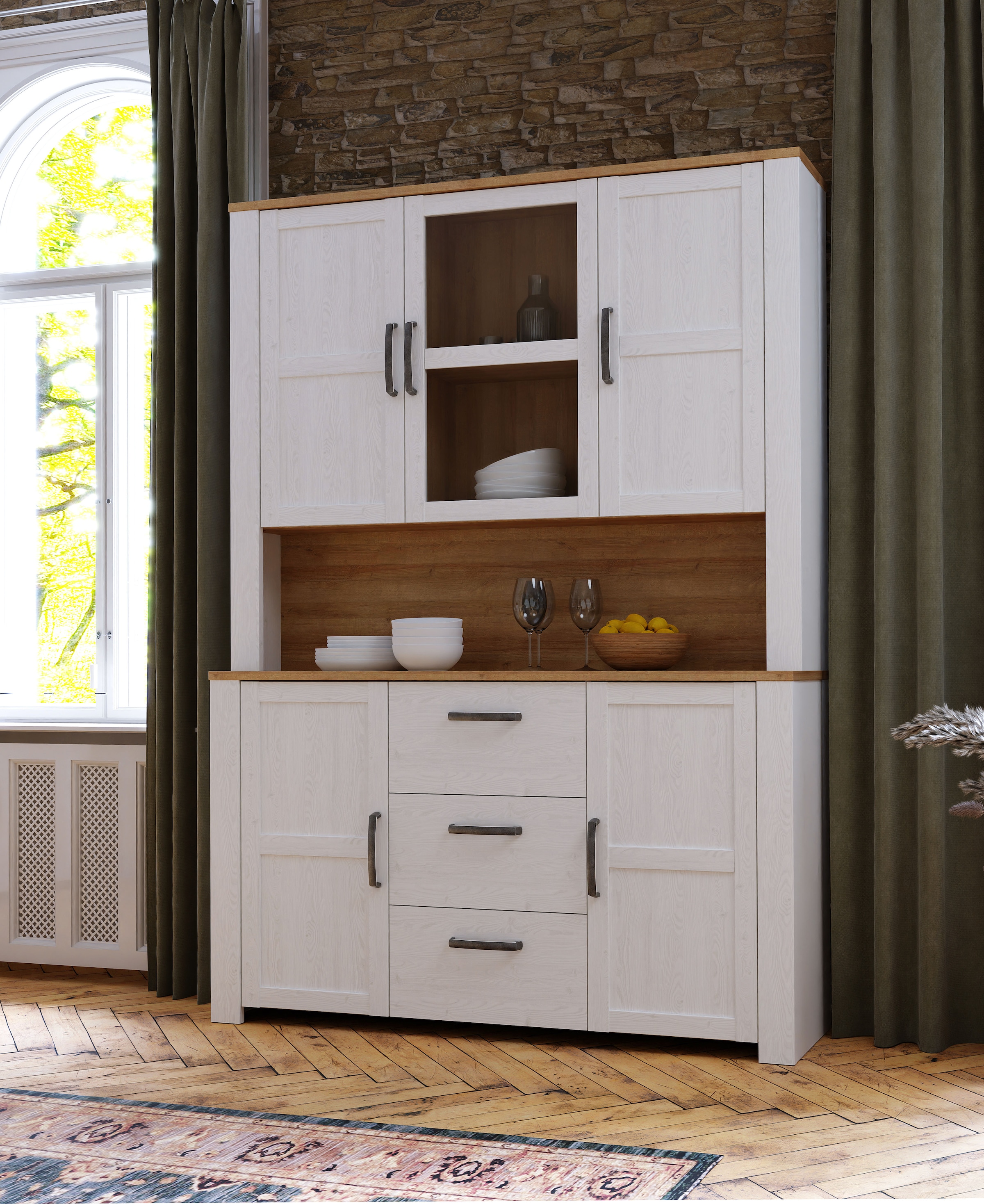 FORTE Buffet »Bohol, grosses Highboard,4Türen, 1 Glastüre, 3 Schubkästen« B/H/T 146,1/205,4/42 cm, sehr viel Stauraum