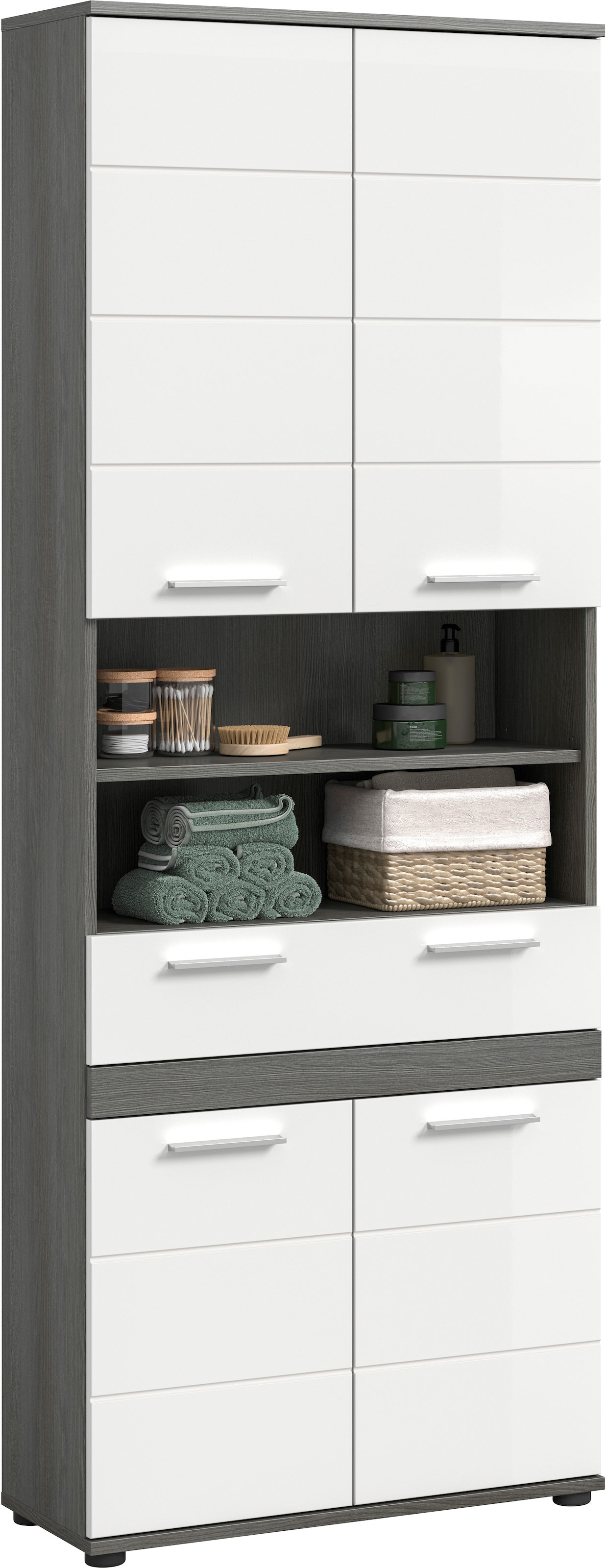 welltime Hochschrank »LUCCA, Breite 70cm, 4 Türen, 1 Schubkasten, 7 Fächer« Badschrank, Badmöbel, Badezimmer, Universalschrank, Mehrzweckschrank