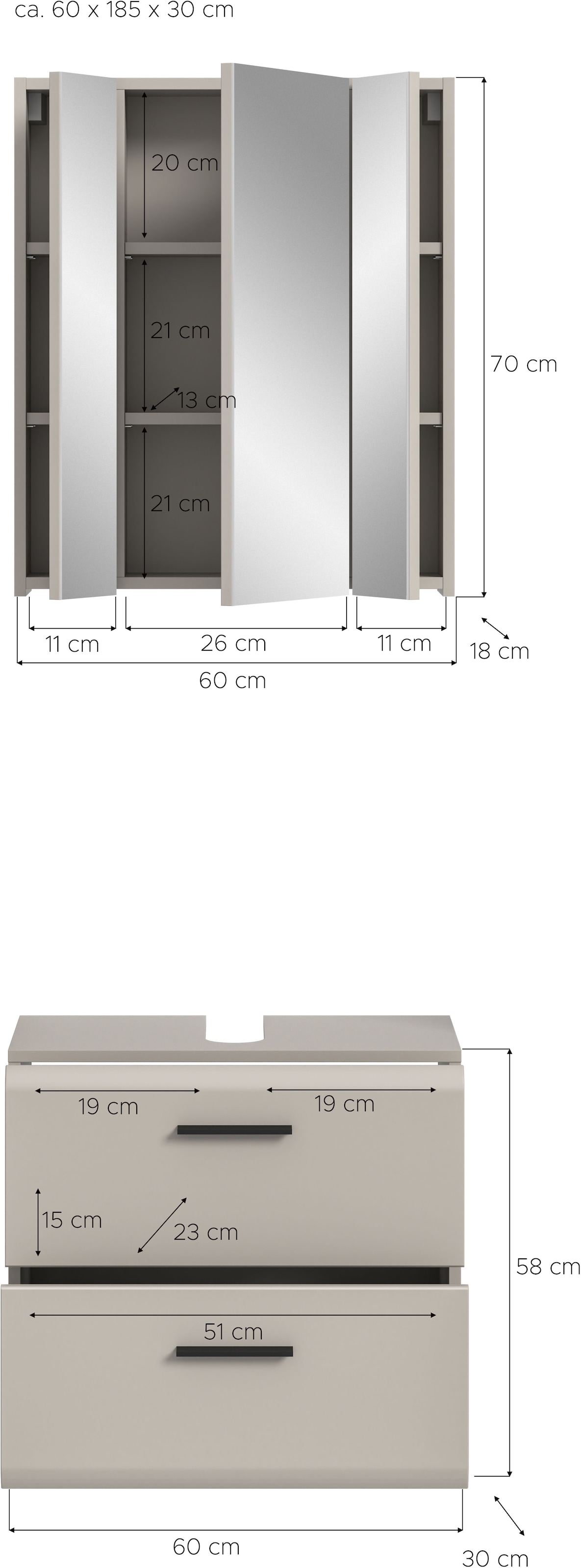 welltime Badmöbel-Set »FLORENZ, 2-tlg. Bad-Kombination, hochwertige MDF-Front« best. aus: 1 Spiegelschrank, 1 Waschbeckenunterschrank, 3 Stk. tlg.