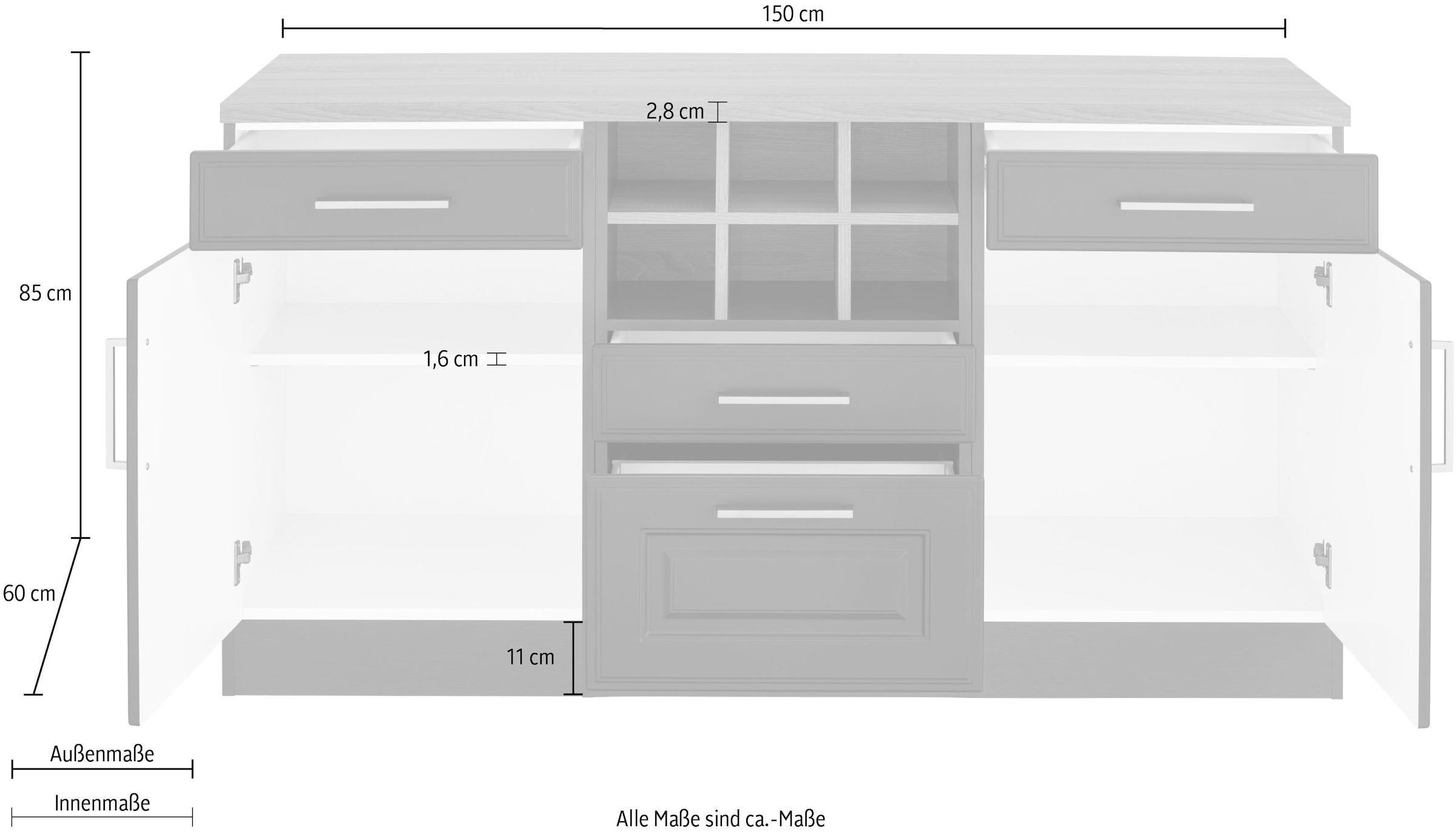 KOCHSTATION Unterschrank »KS-Stockholm« 150 cm breit, hochwertige MDF-Fronten mit Fräsung, viel Stauraum