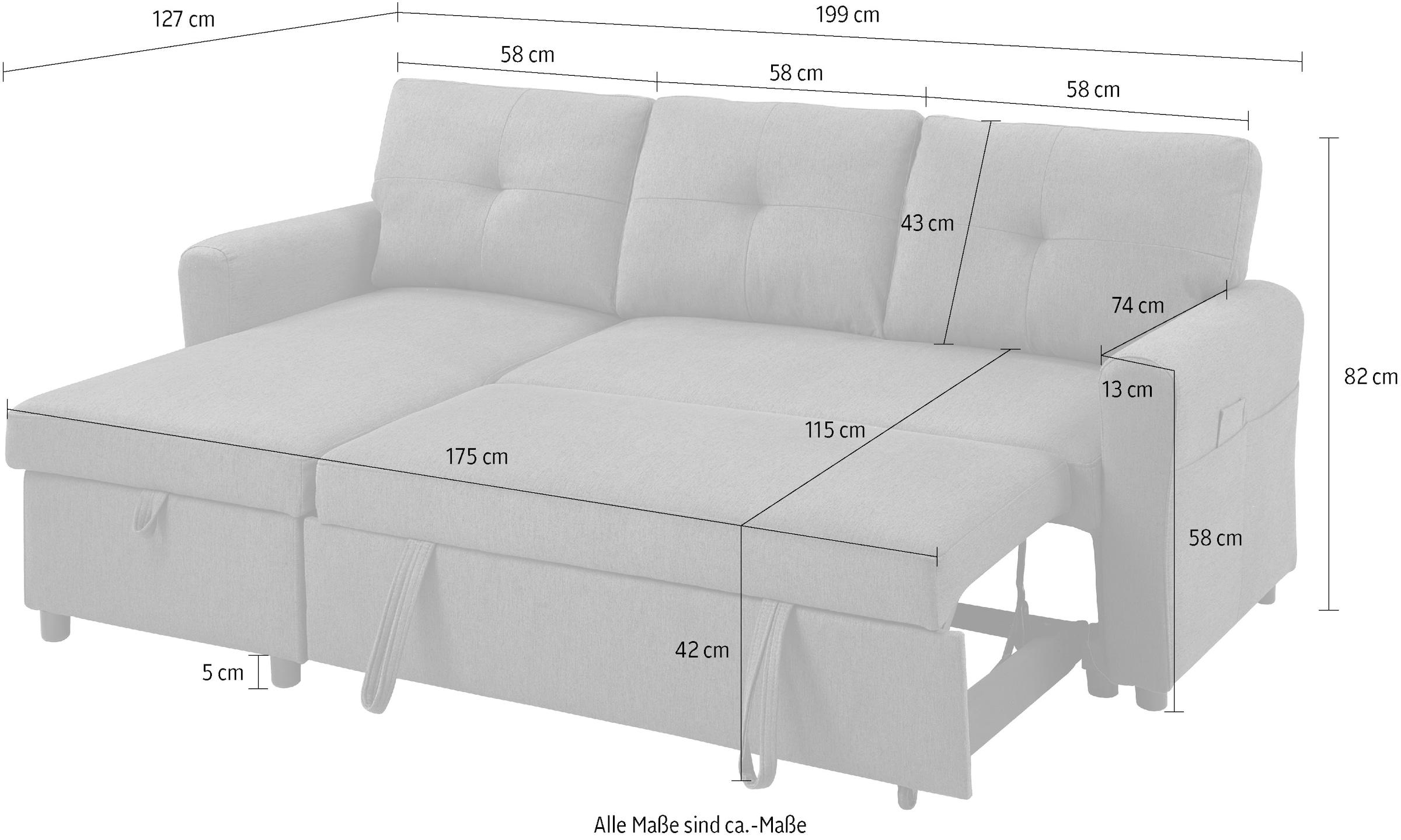 ATLANTIC home collection Canapé-lit »Gustavo L-Form, B: 199 cm« mit Bettfunktion, Bettkasten & seitlichen Taschen
