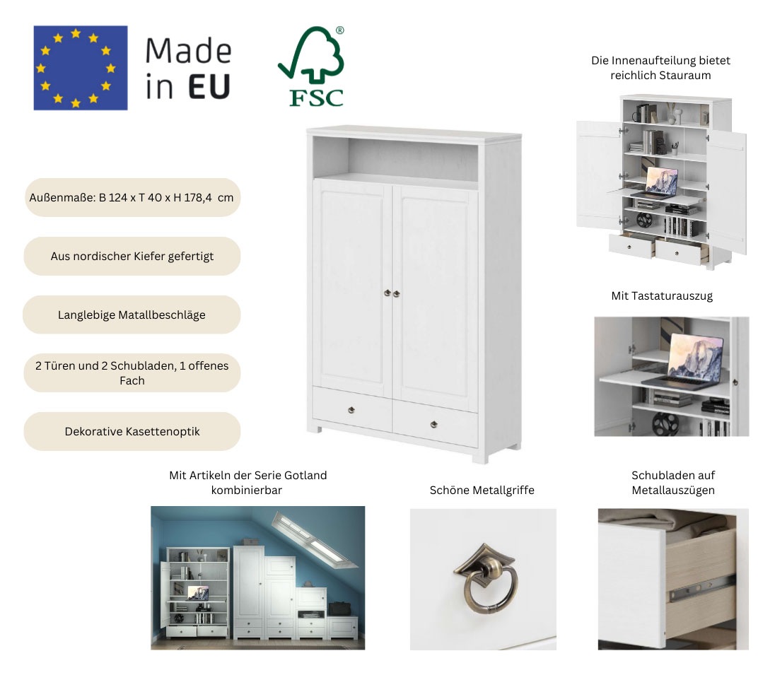 GOODproduct Armoire à linge »Gotland! Home Office Schrank, Mehrzweckschrank, Büroschrank« H/B/T ca. 180/125/40cm,  mit Ausziehregal, Schublade, stabil + langlebig, Massivholz made in EU