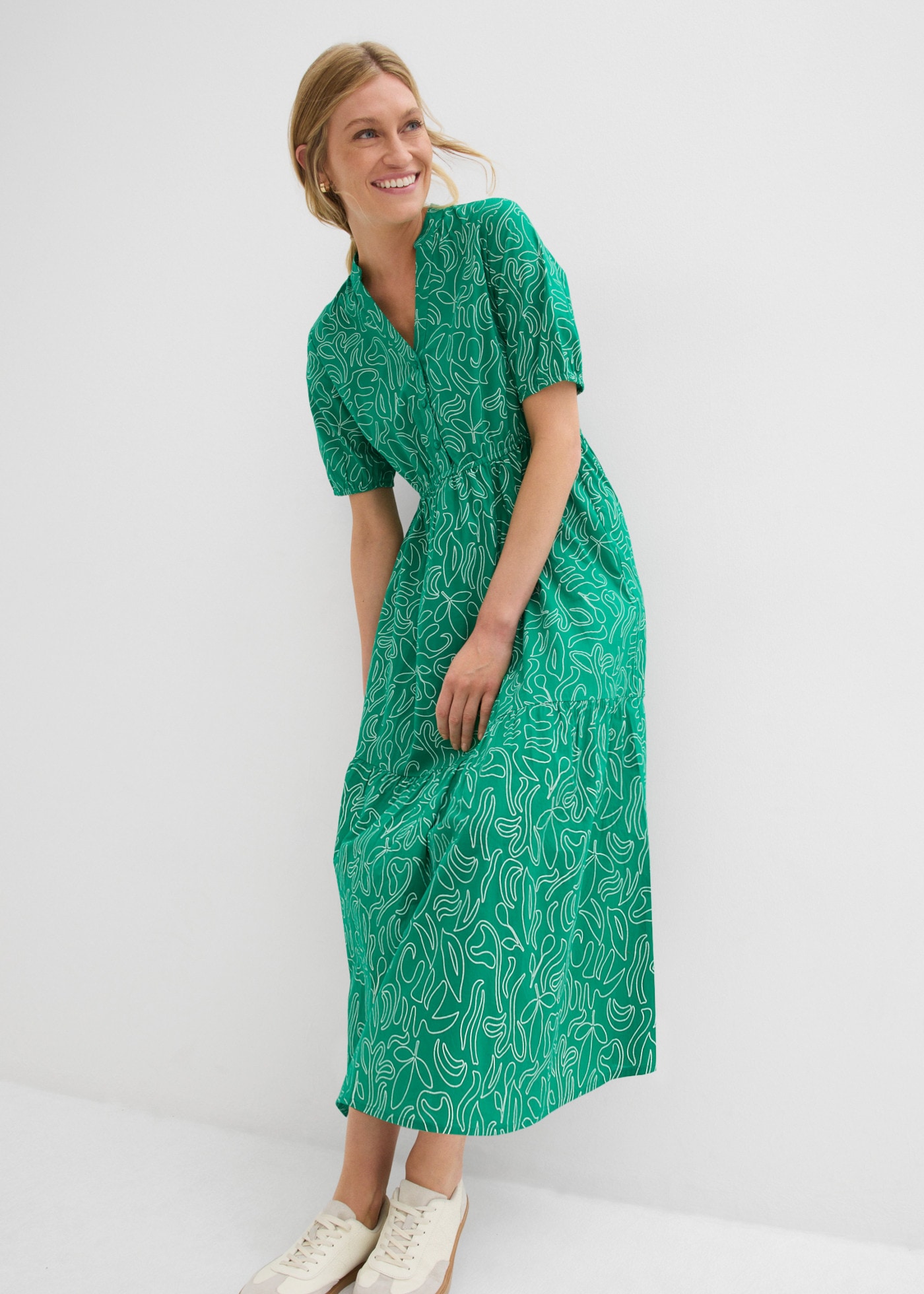 bonprix Midikleid körperumspielende Form, mit Henleykragen, Halbarm-Design