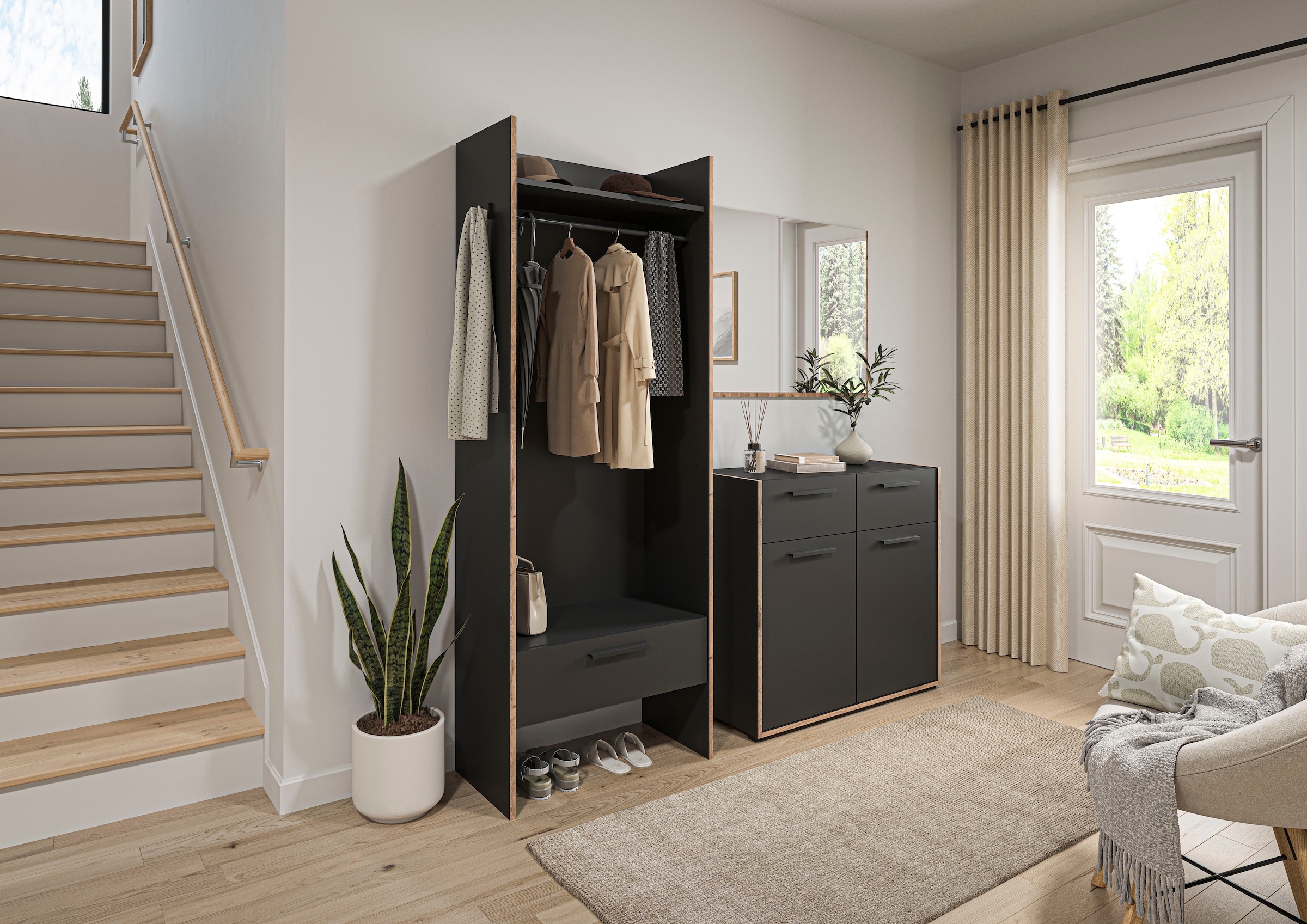 Home affaire Garderoben-Set »MUSTA, 3-teilig: Garderobenschrank, Kommode & Garderobenspiegel«