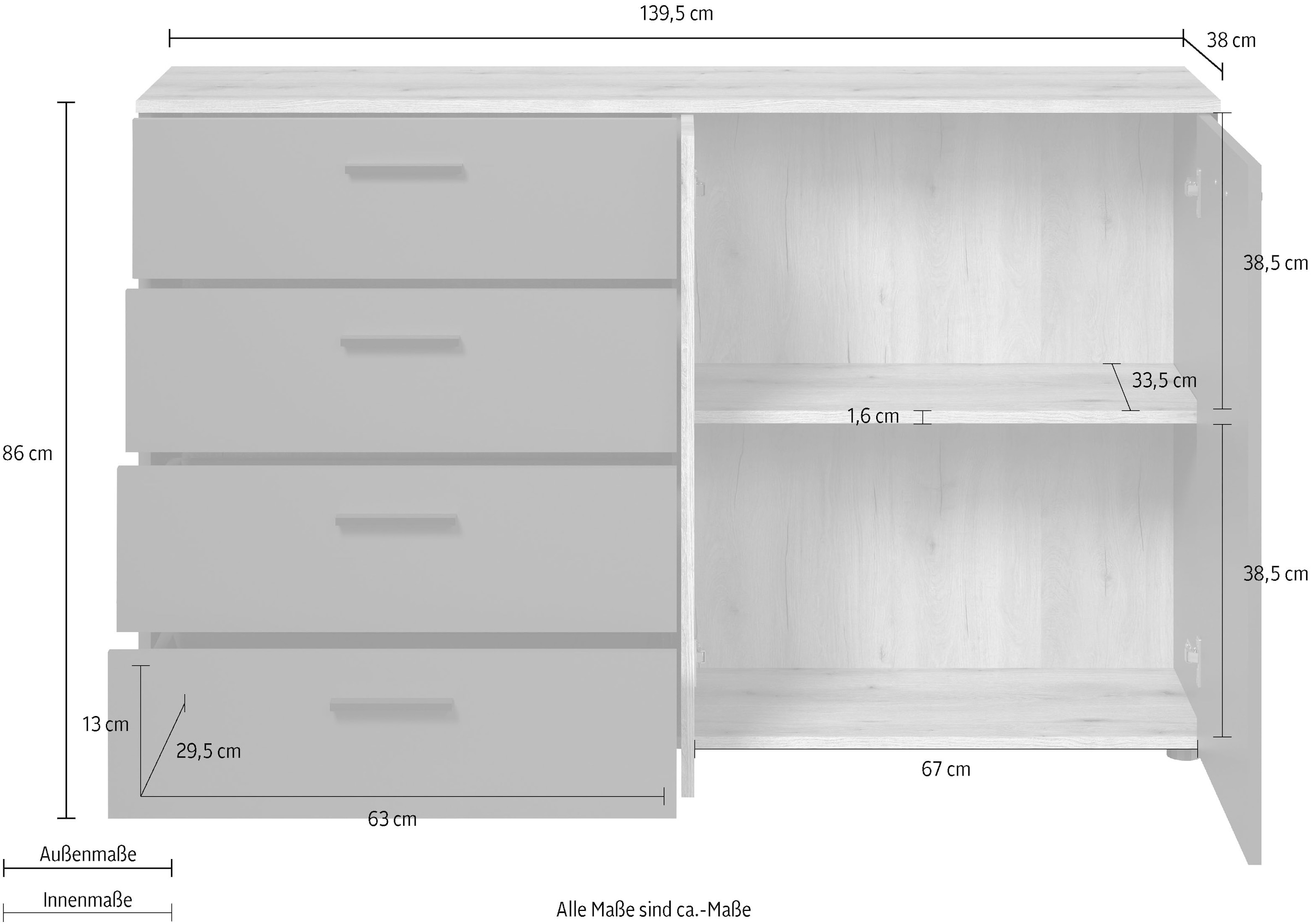 Home affaire Commode »Estepona« 1 cuis tlg. Sideboard mit voll ausziehbaren Schubladen - (B/T/H) 139/38/86 cm