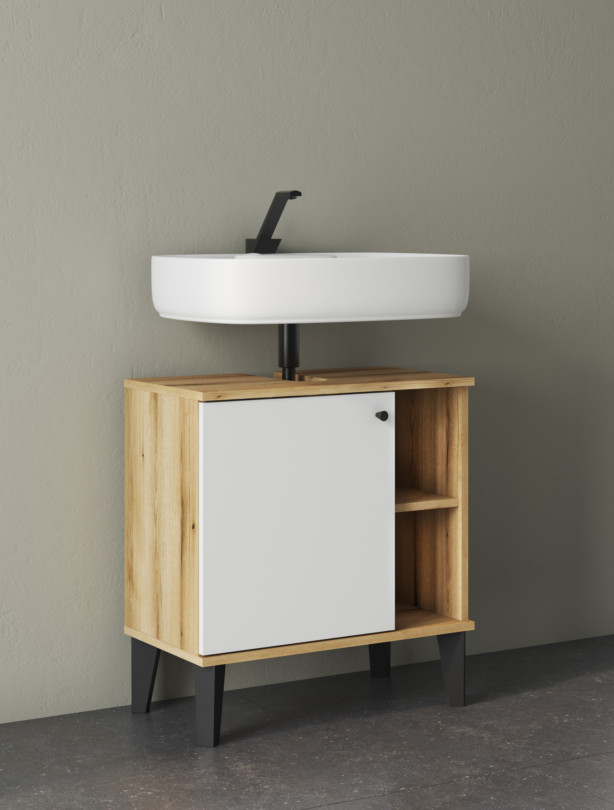 INOSIGN Armoire sous lavabo »Oslo, Waschtisch mit Knopfgriff, Badschrank im skandinavischen Design« in der Türfarbe Weiss oder Grau verfügbar, ausreichend Stauraum
