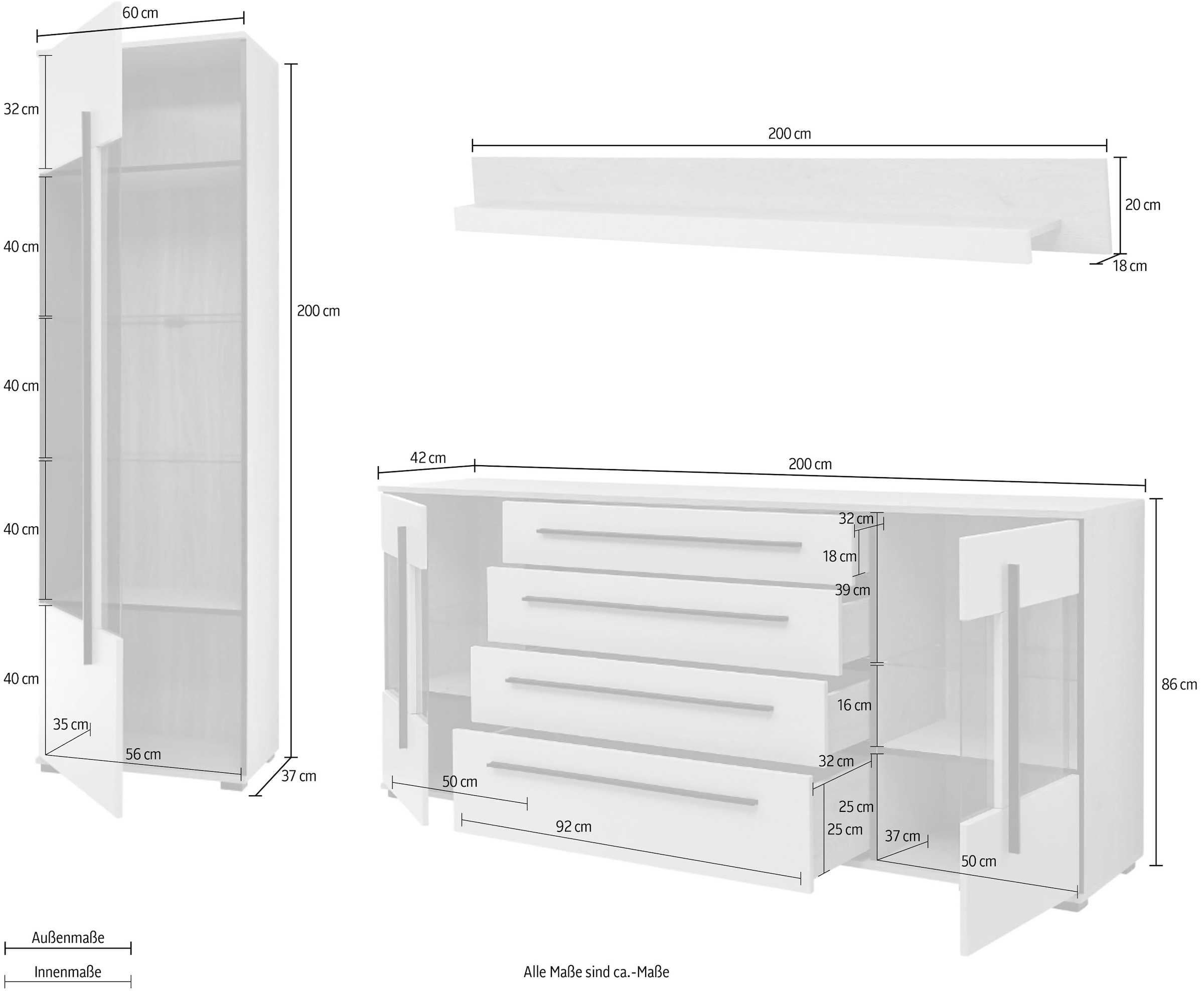 Home affaire Wohnwand »Cantara, Anbauwand, Wohnzimmer-Set, in Eiche Evoke, Weiss oder Kaschmir« Set, 