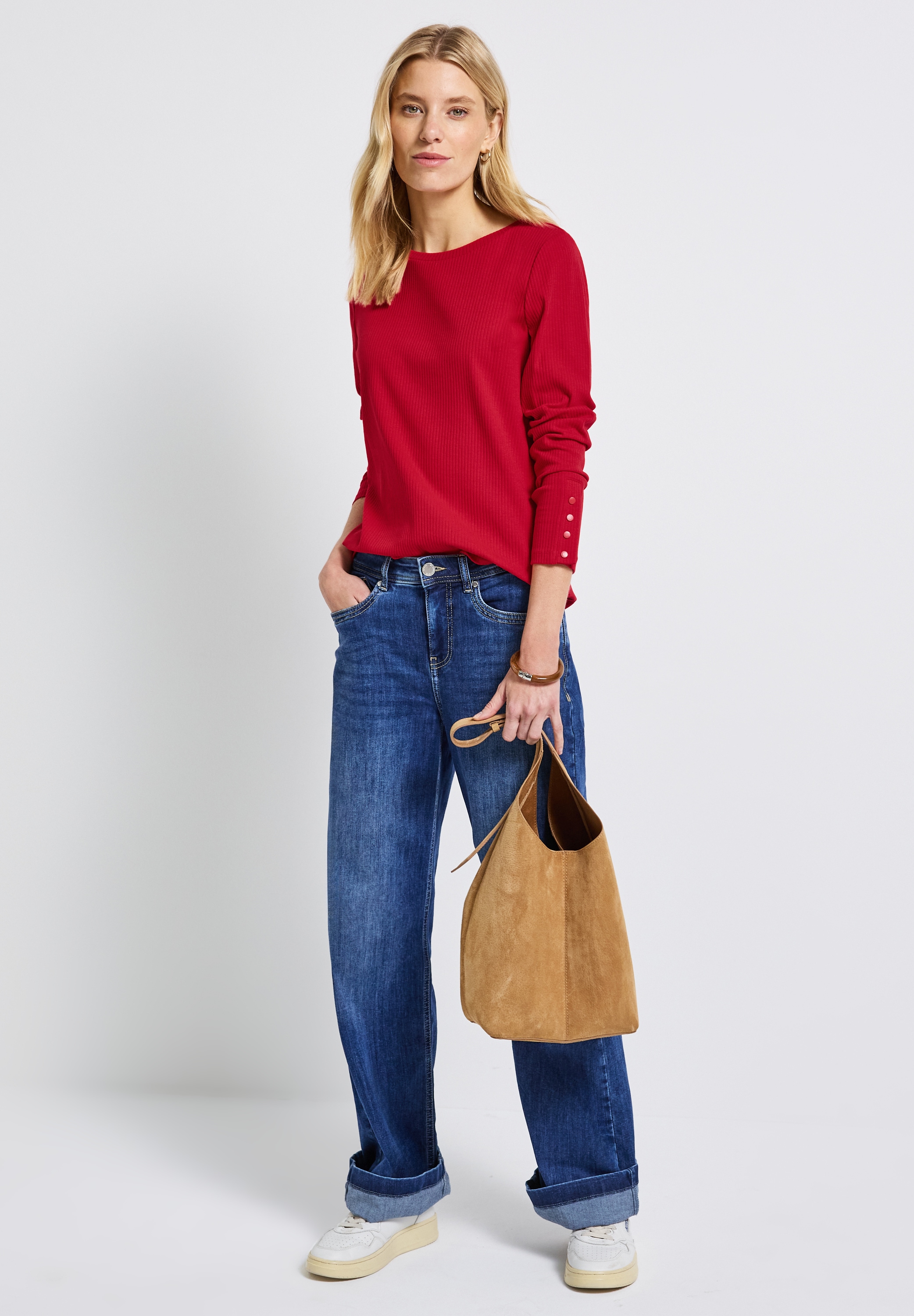 STREET ONE Langarmshirt mit Rippstruktur und Langarm mit Knopfdetail