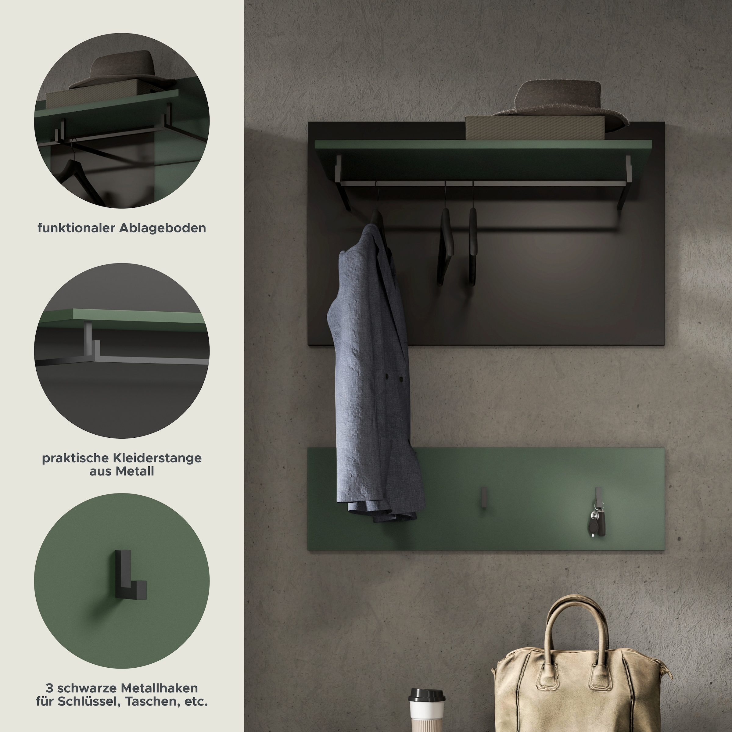 Home affaire Panneau de vestiaire »REHAT, TOPSELLER!, 2-teilig, bestehend aus: Paneel & Hakenleiste« in verschiedenen Farben erhältlich, 1 cuis tlg. Paneel, Hakenleiste, Wandboard, Garderobe, Garderobenleiste