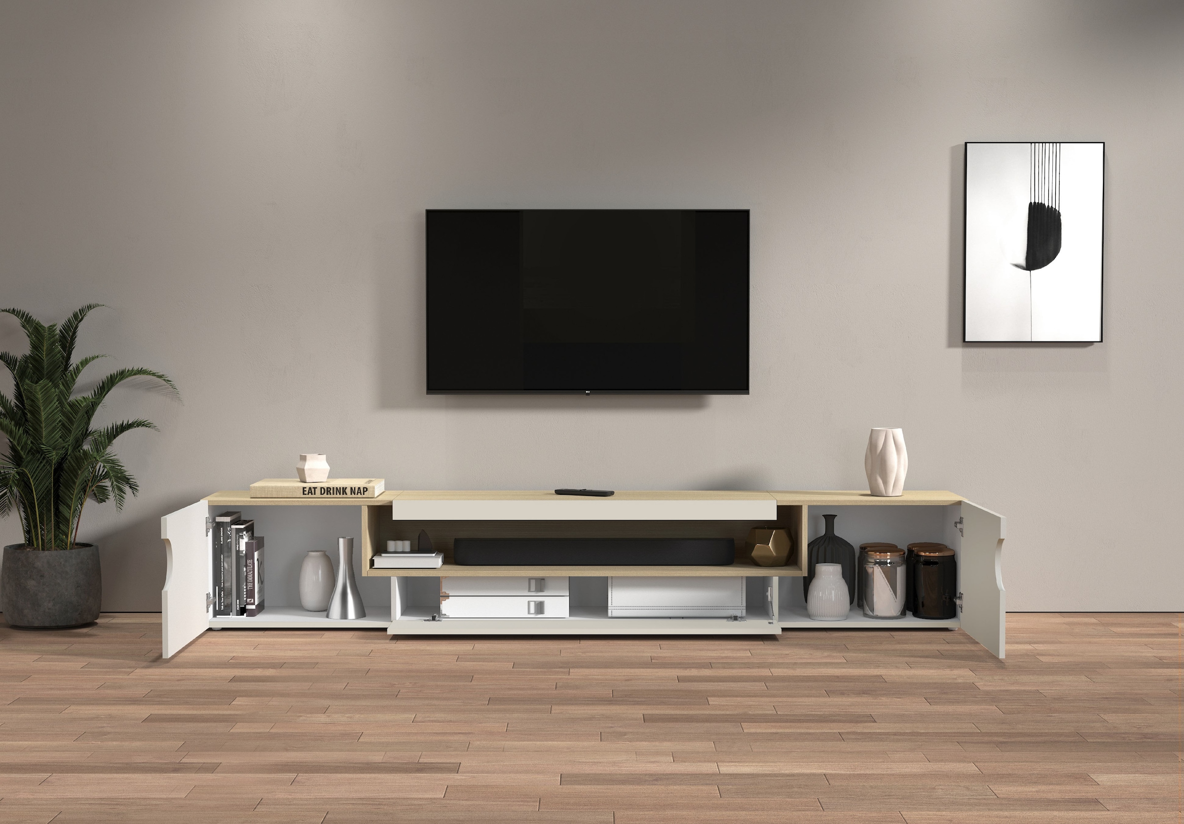 INOSIGN Table basse »REAL TV-Möbel, 240 cm breit, 40/60 cm hoch, Hochglanz oder matt« mit 2 abgerundeten Türen, 1 Klappe, die ein ovales offenes Fach bilden
