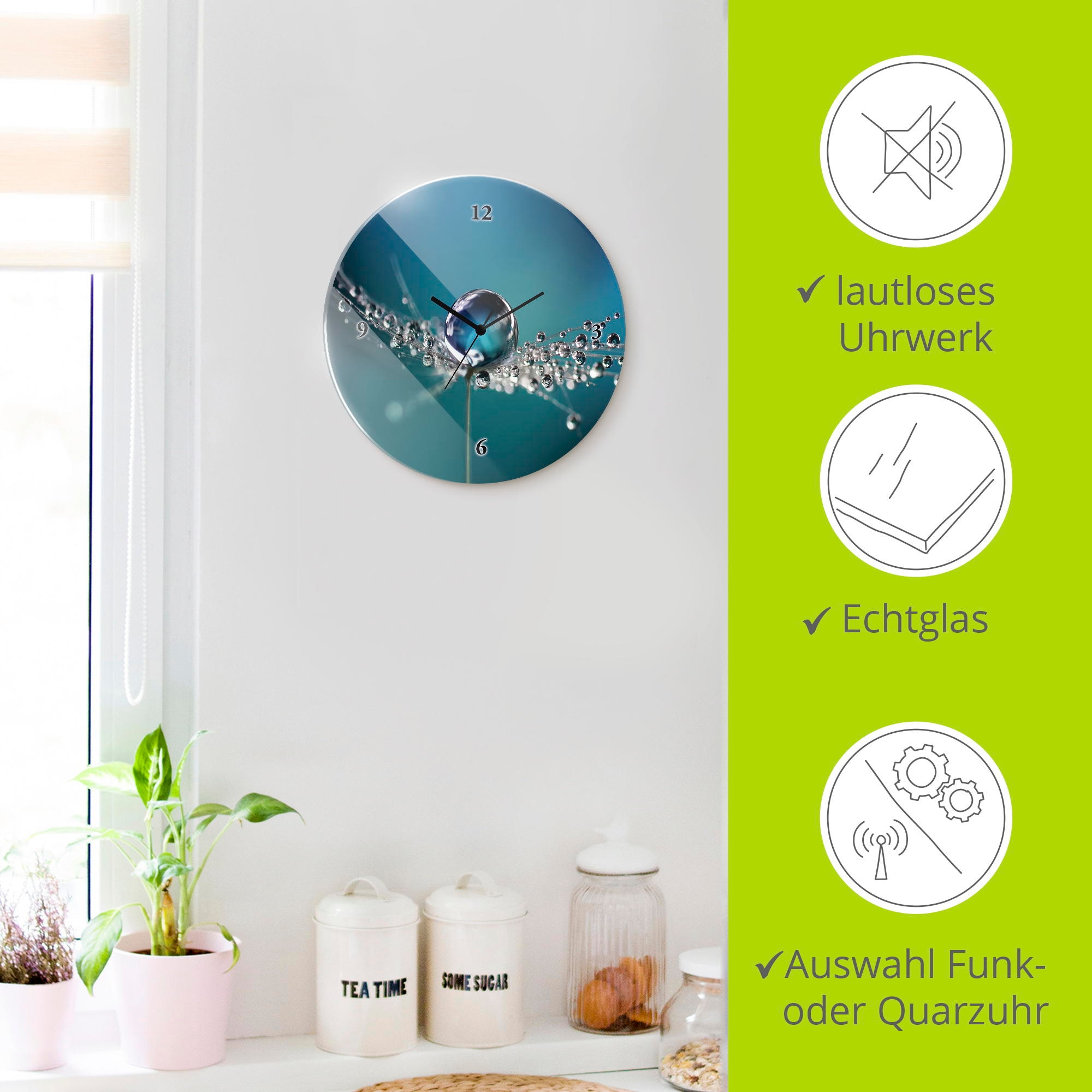 Artland Wanduhr »Glasuhr rund Pusteblume Tautropfen blau« wahlweise mit  Quarz- oder Funkuhrwerk, lautlos ohne Tickgeräusche