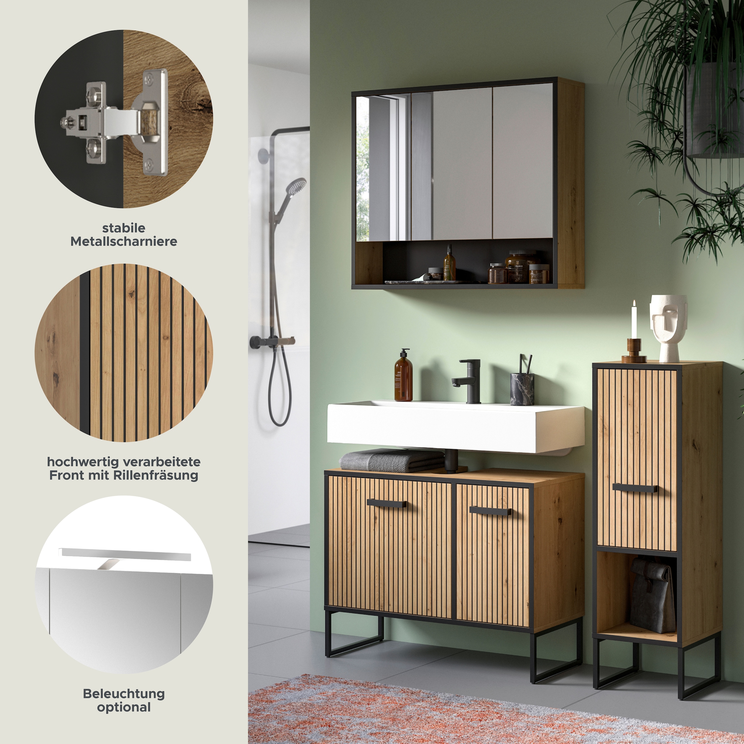 welltime Ensemble de meubles de salle de bain »LOCRI, 3-tlg. Badkombination, Breite 125 cm, Rillenoptik, Metallkufen« composé de : meuble sous lavabo, armoire miroir et armoire sur pied, 3 cuis tlg.
