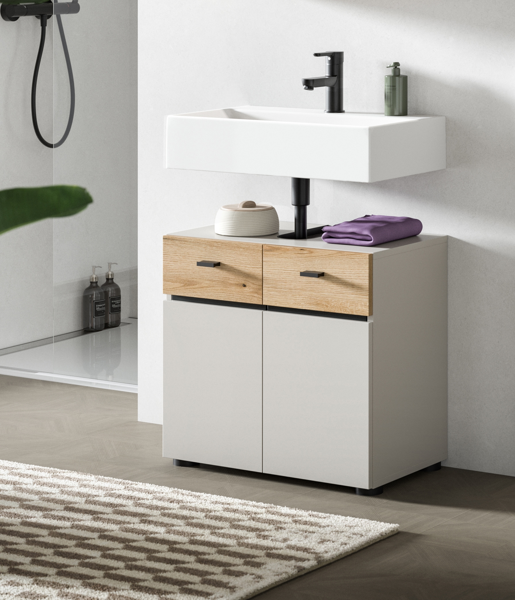 welltime Waschbeckenunterschrank »VANN, Breite 60cm, 2 Türen, 2 Fächer, mit Siphonausschnitt« individuell mit weiteren Artikel der Serie VANN kombinierbar,  Waschtisch, Waschbeckenschrank, Kommode, Schrank, Badezimmer, Bad