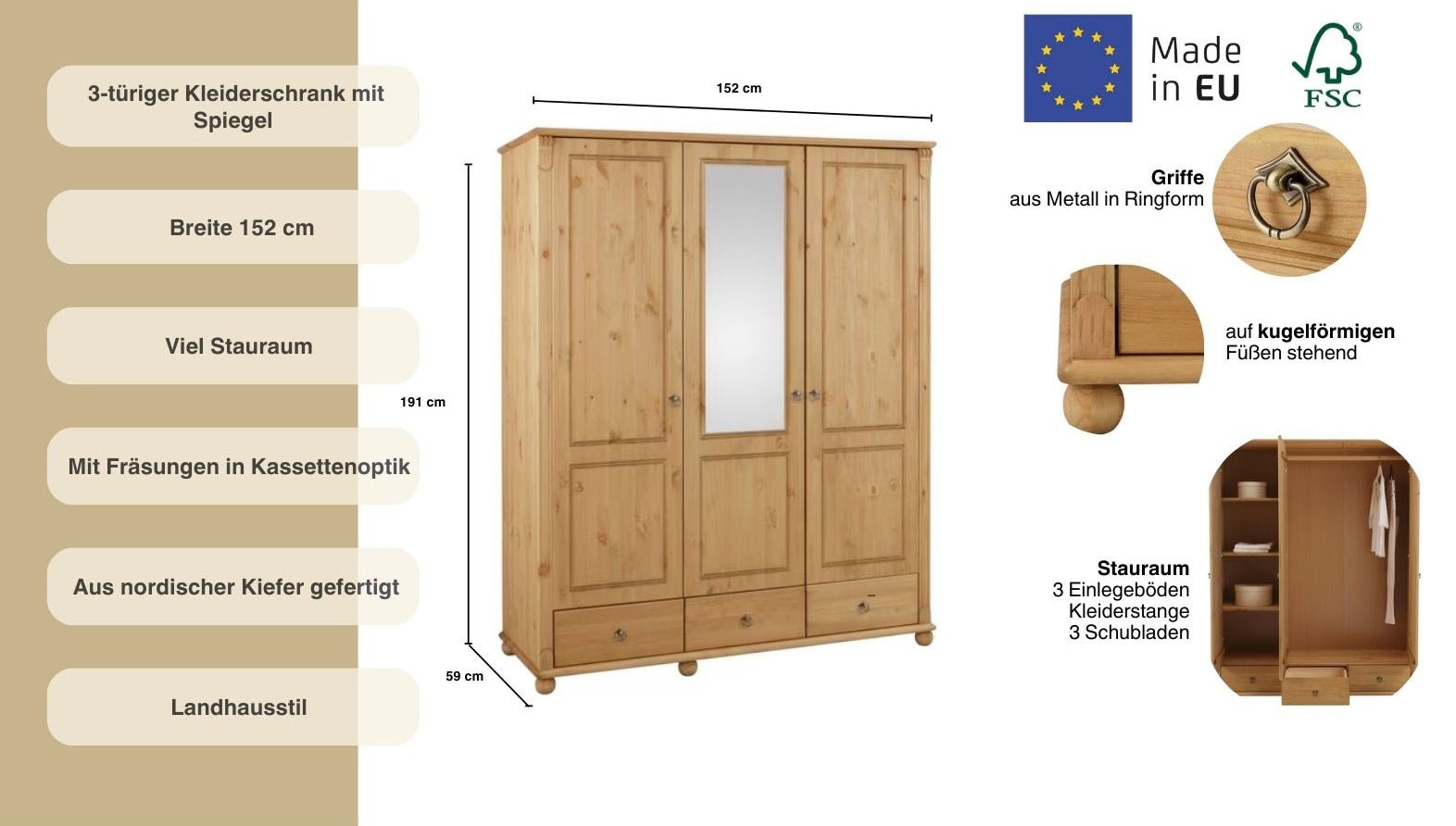 Home affaire Kleiderschrank »Tessin, Dretürenschrank, 3-türig« B/H/T ca. 152/191/59 cm,  Breite 152 cm, Kiefer massiv, mit Spiegel und 3 Schubladen