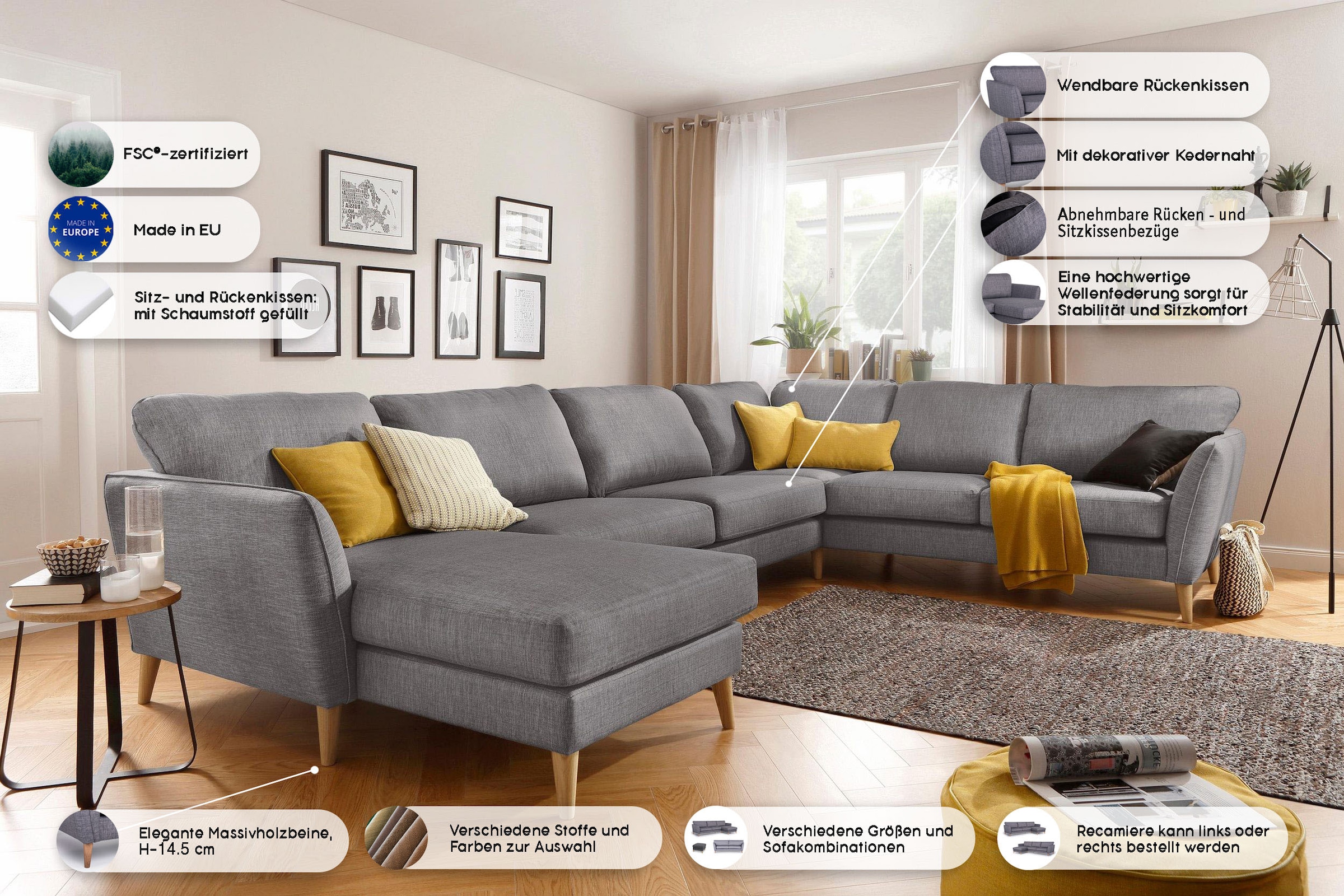 Home affaire Paysage de salon »MARSEILLE XXL 349cm, U-Form, Ottomane rechts/links wählbar« Massivholzbeine Eiche, Landhausstil, Wellenunterfederung