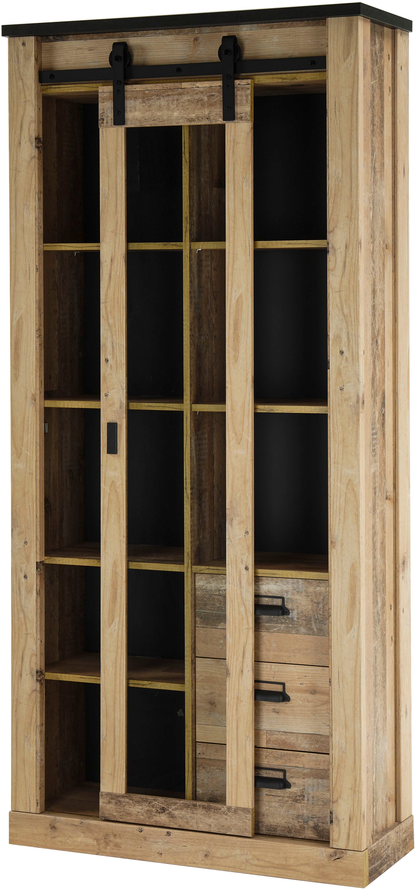 Home affaire Vitrine »Sherwood, Hochschrank im Industrial-Style, moderne Glasvitrine« Scheunentorbeschlag und Apothekergriffe aus Metall, Höhe 201 cm