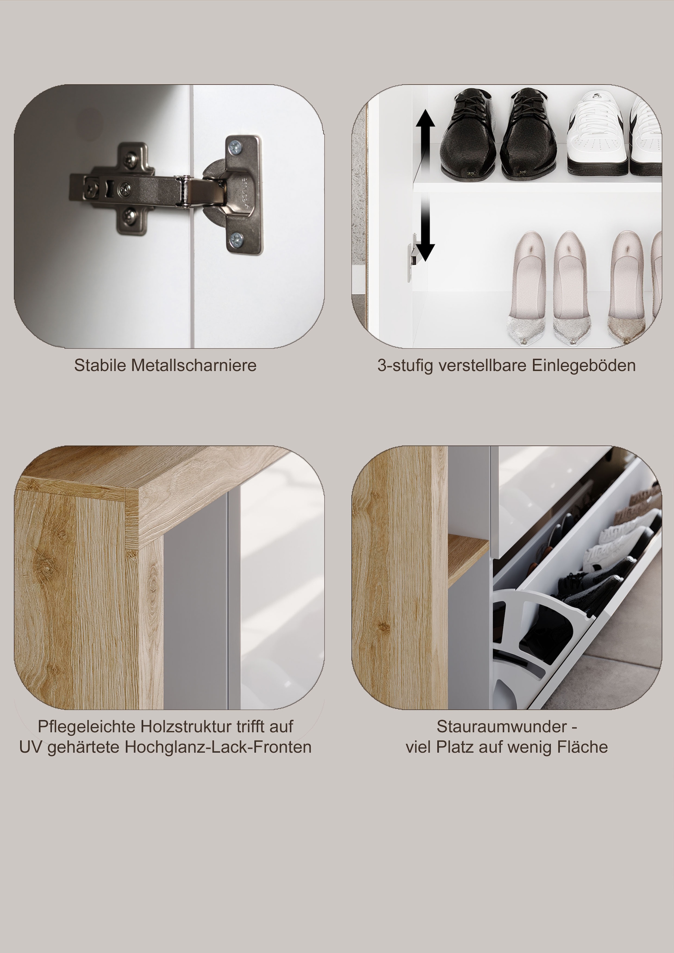 Home affaire Armoire à chaussures »Hamburg Höhe 195 cm, Hochschrank, 2 Spiegeltüren, dekorativer Rahmen,« Schuhregal mit 6 Ebenen, Ablagefach, verstellbare Böden, Metallgriff