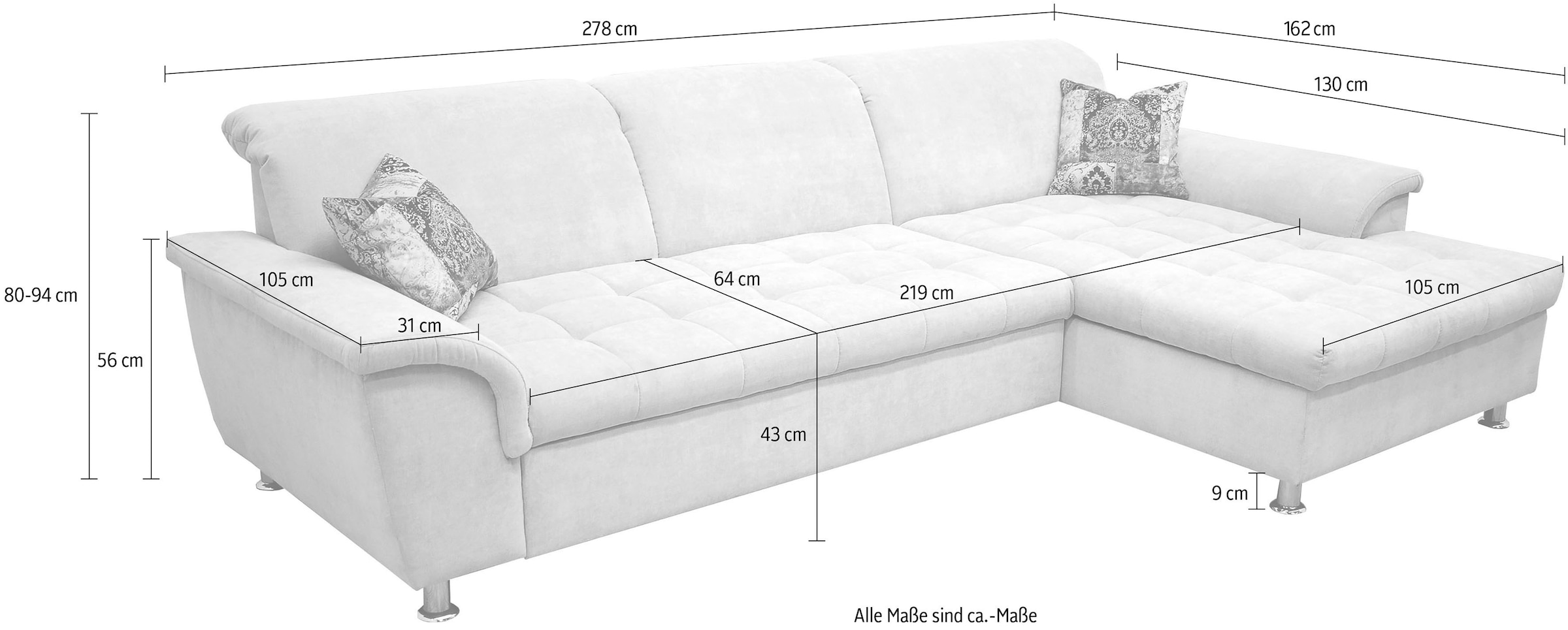 DOMO collection Ecksofa »Franzi Steppung im Sitzbereich B7T/H: 278/162/80 cm,  L-Form« ohne Funktion, Flachgewebe, graphite