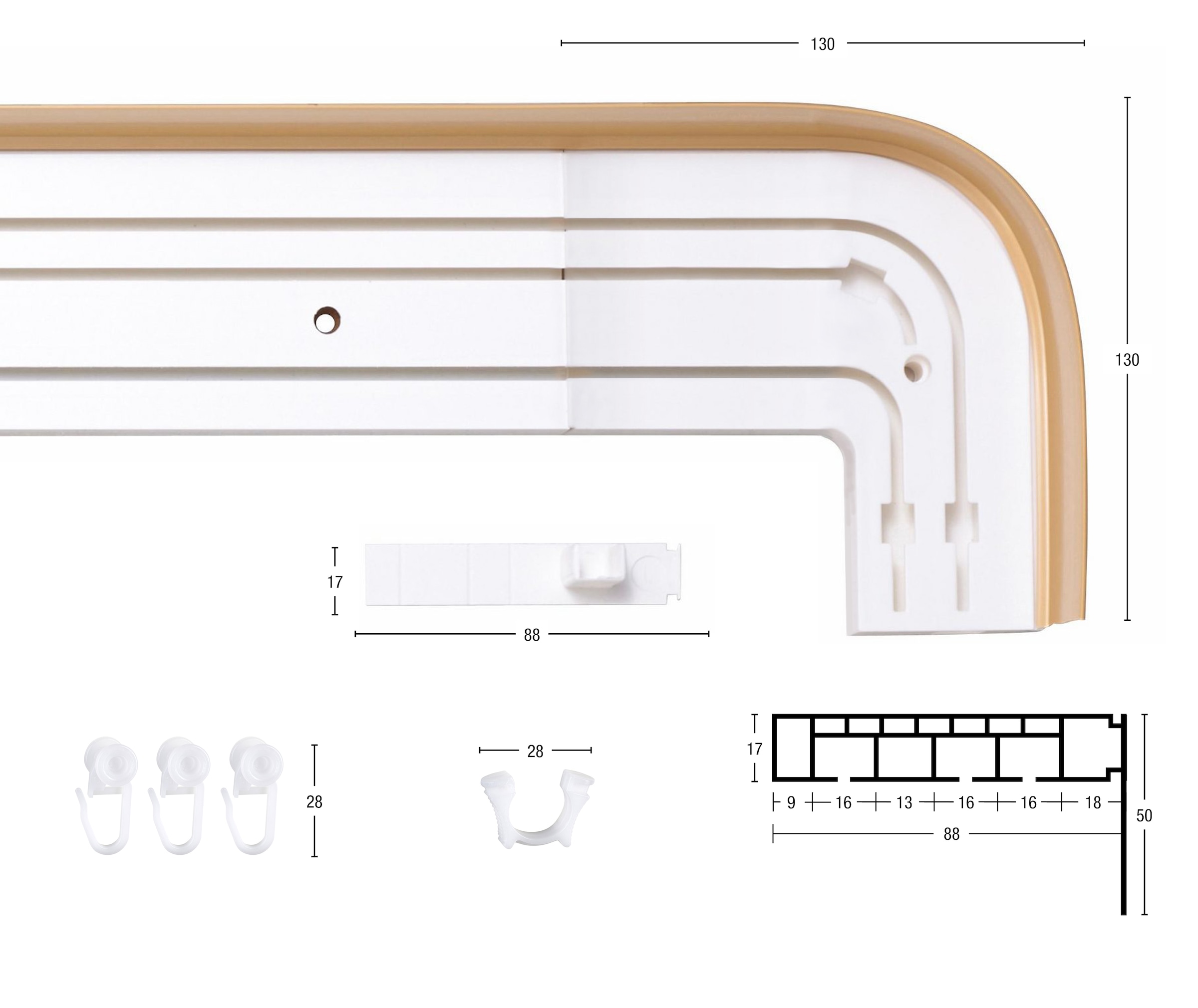 GARESA Système de rails »Kunststoffschiene mit Blende« 3 course-läufig Wunschmasslänge seitlich mit 2 Rundbögen (kein Spalt zwischen Vorhang und Wand!)