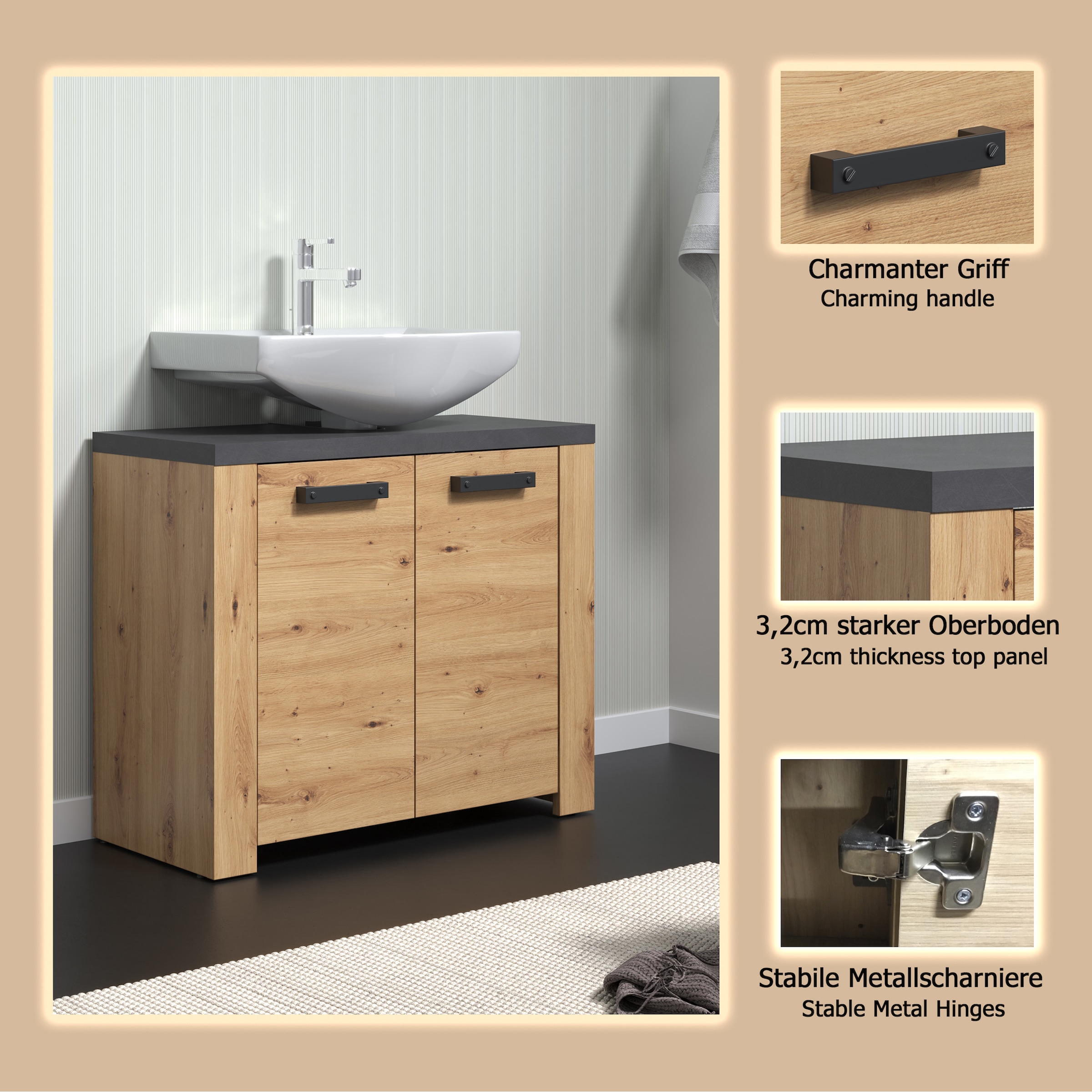 welltime Waschbeckenunterschrank »Ambres« Waschbeckenunterschrank mit 2 Türen - (B/T/H) 79/35/67 cm