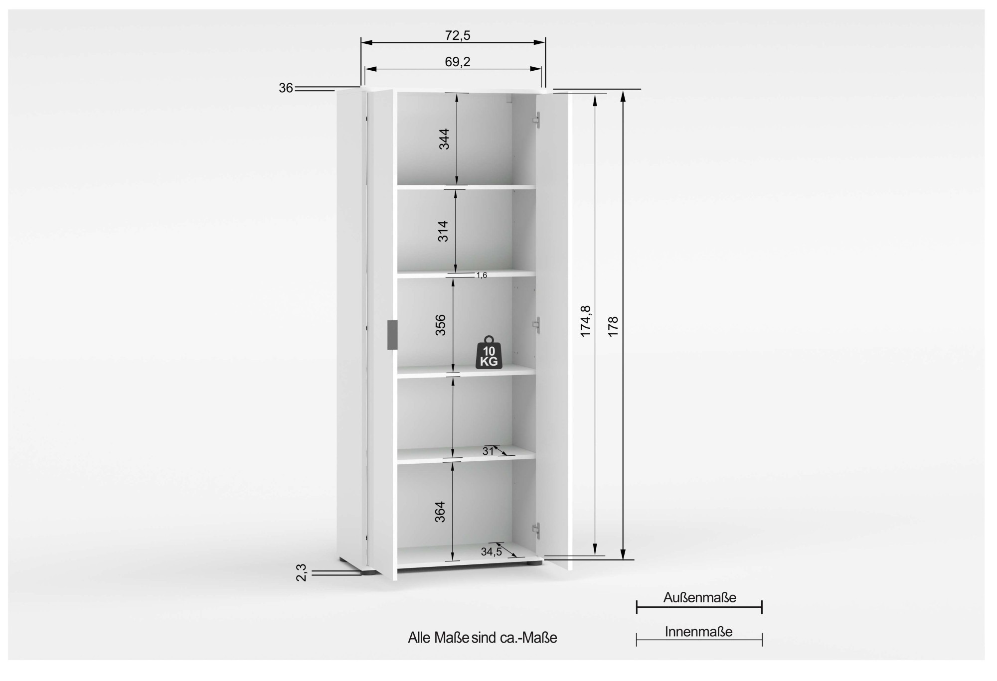 Home affaire Armoire multi-usages »Stauraumschrank , Breite 72,5 cm , Höhe 178 cm« 1 cuis tlg. 2 Türen, 4 Einlegeböden-Schrank hochglanz lackiert