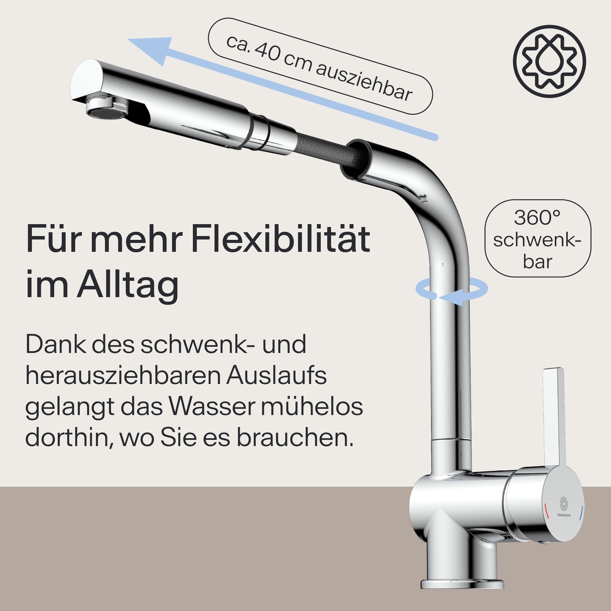 WASSERWERK Robinet d'évier »WK 4, Wasserhahn, Küche, Einhebelmischer« pivotant à 360°, fonction Cold-Start, extractible
