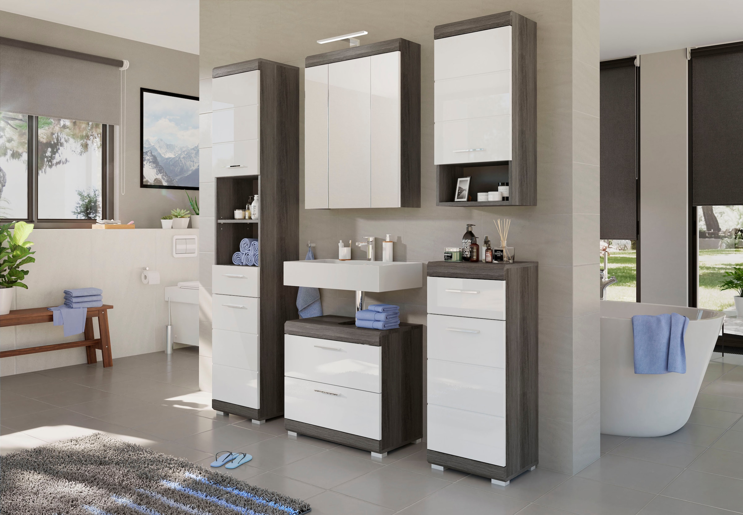 welltime Hochschrank »SIENA, Breite 37cm, 2 Tür, 1 Schubkasten, 2 offene Fächer, MDF-Front« TOPSELLER!, 1 Stk. tlg. in verschiedenen Farben erhältlich, Badmöbel, Badschrank, Schrank, Bad