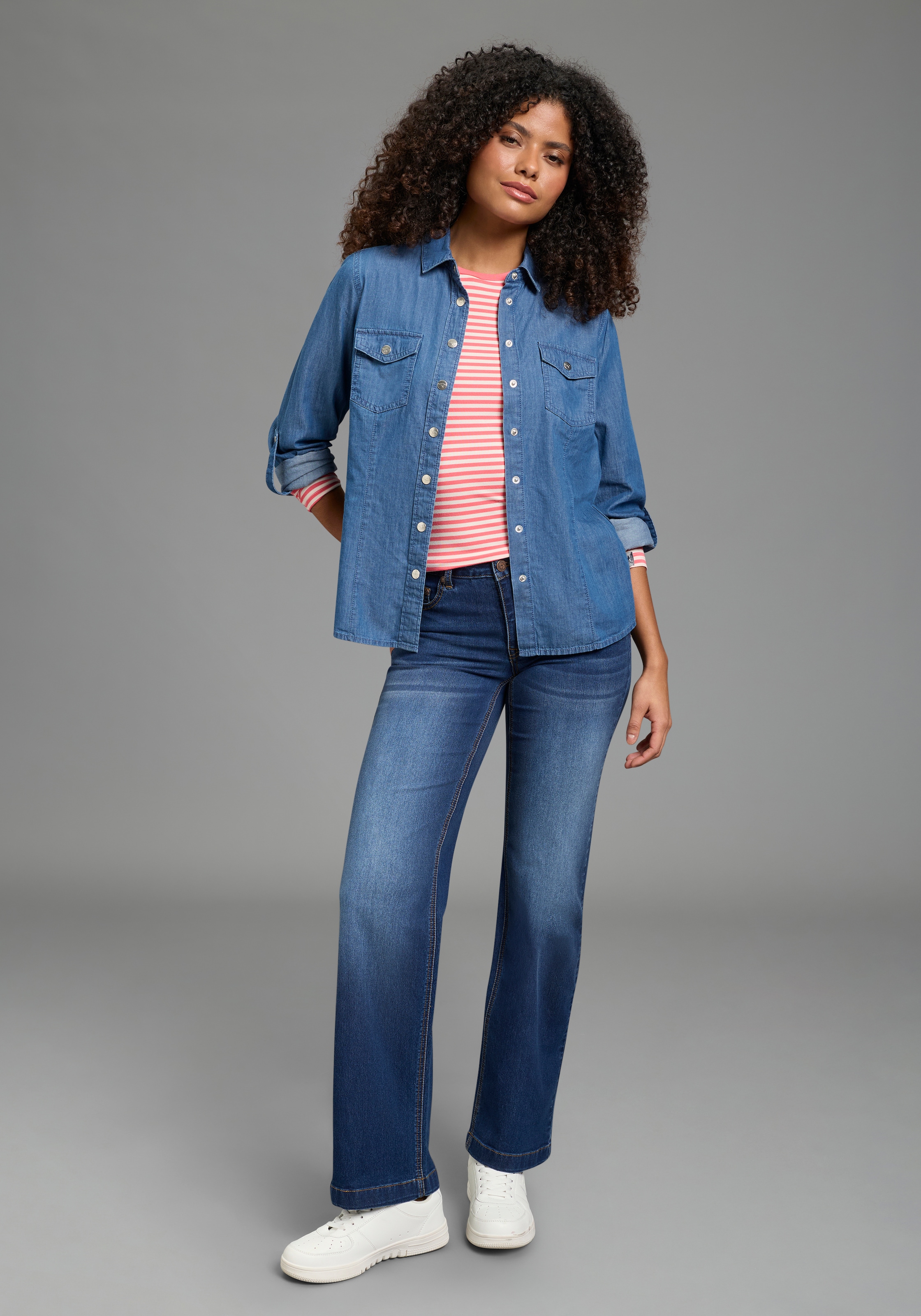 KangaROOS Jeansbluse für den Alltag, Langarm, mit klassischem Blusenkragen