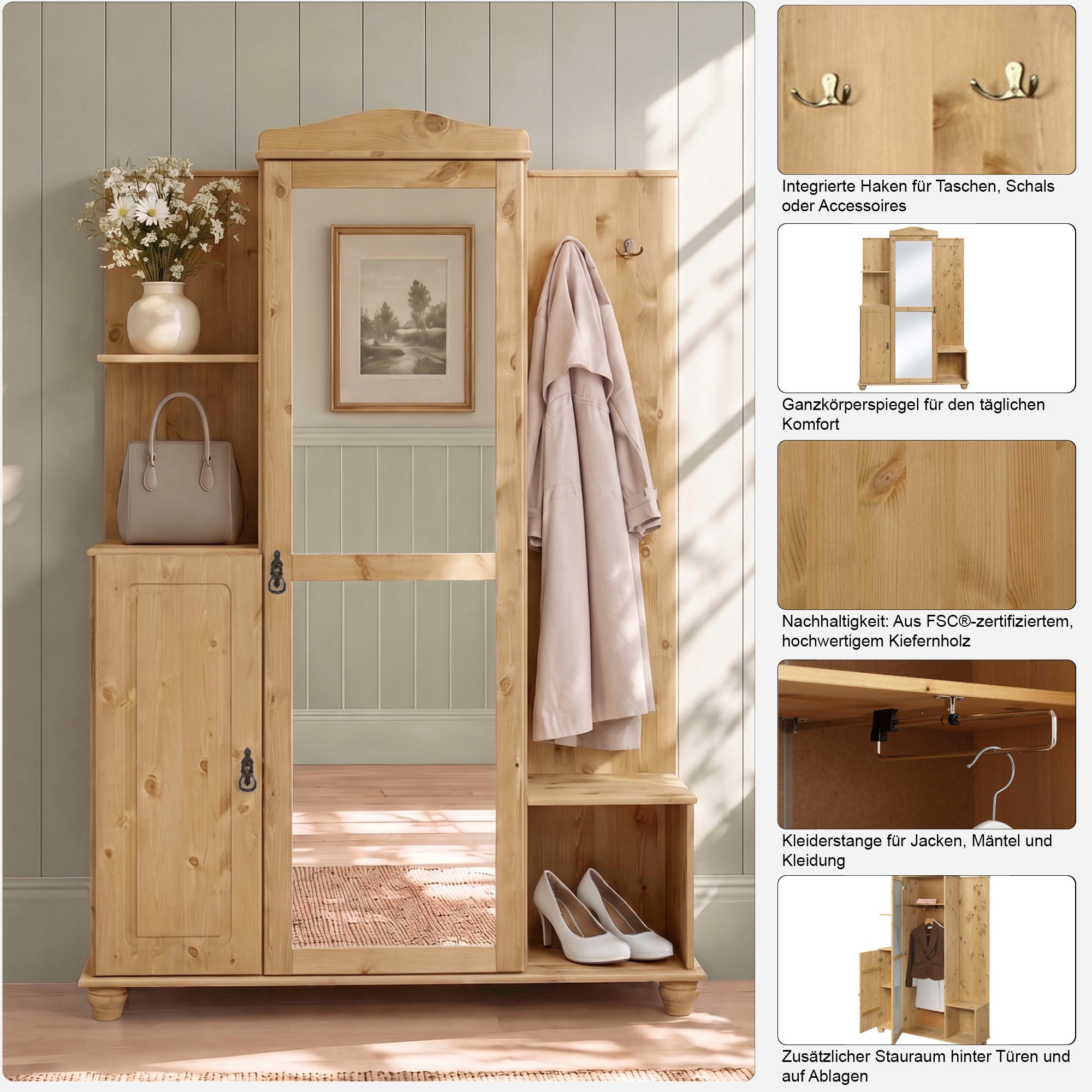 GOODproduct Vestiaire compact »Finca« en pin massif, avec beaucoup d'espaces de rangement