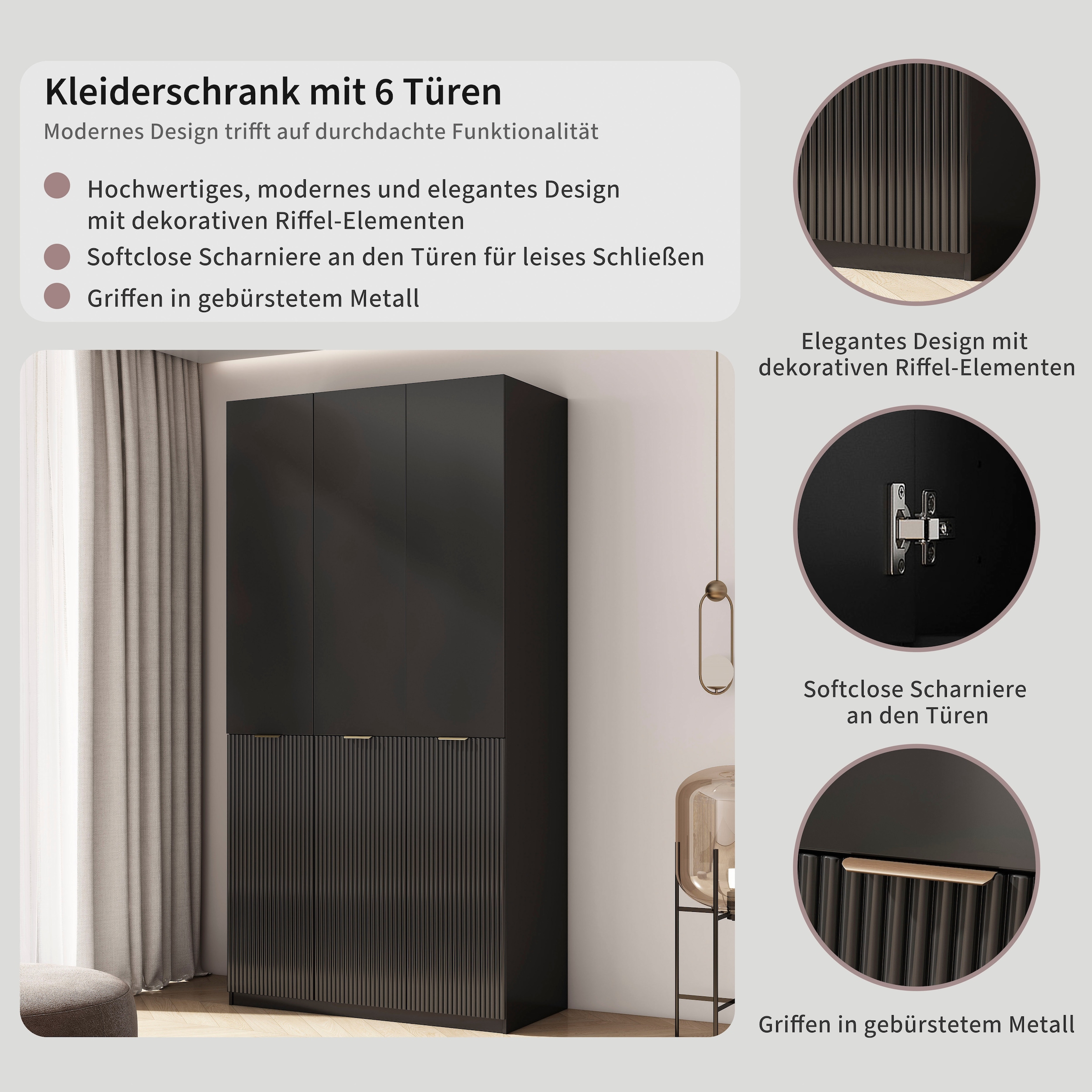 GOODproduct Kleiderschrank »Jorella Schlafzimmerschrank Garderobe mit Softclose« eleganter Schlafzimmerschrank Rillendesign Trend Breite 121cm
