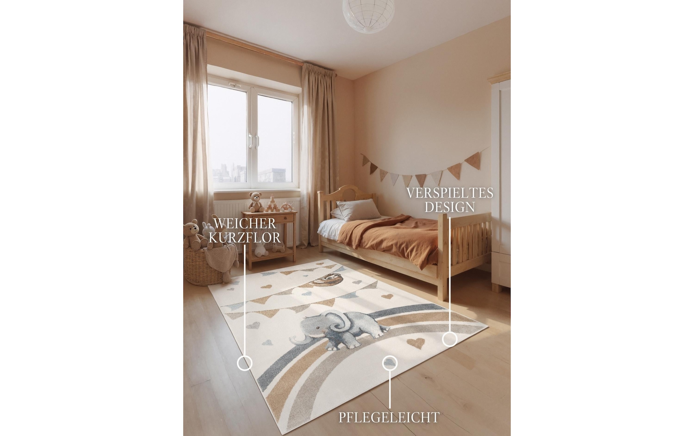 Villeroy & Boch Kinderteppich »Walk like an Elephant Rainbow Party Teppich« rechteckig 9 mm Höhe Spielteppich weich, Kinderzimmer, Boho Kids Spielunterlage, Tieremotiv
