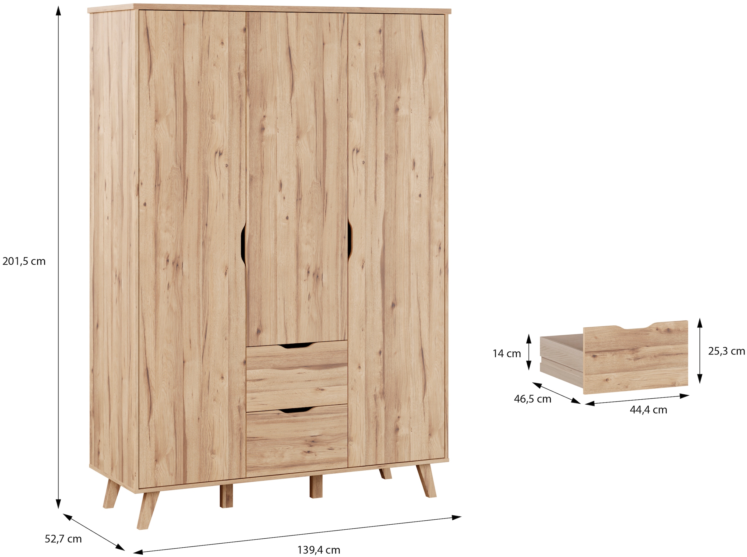 FORTE Drehtürenschrank »Vankka skandinavischer-Stil, viel Stauraum, ohne Griffe« B/H/T ca.140x200x52cm,  Made in Europe, mit Einlegeböden+Kleiderstange+Schubladen,grifflos