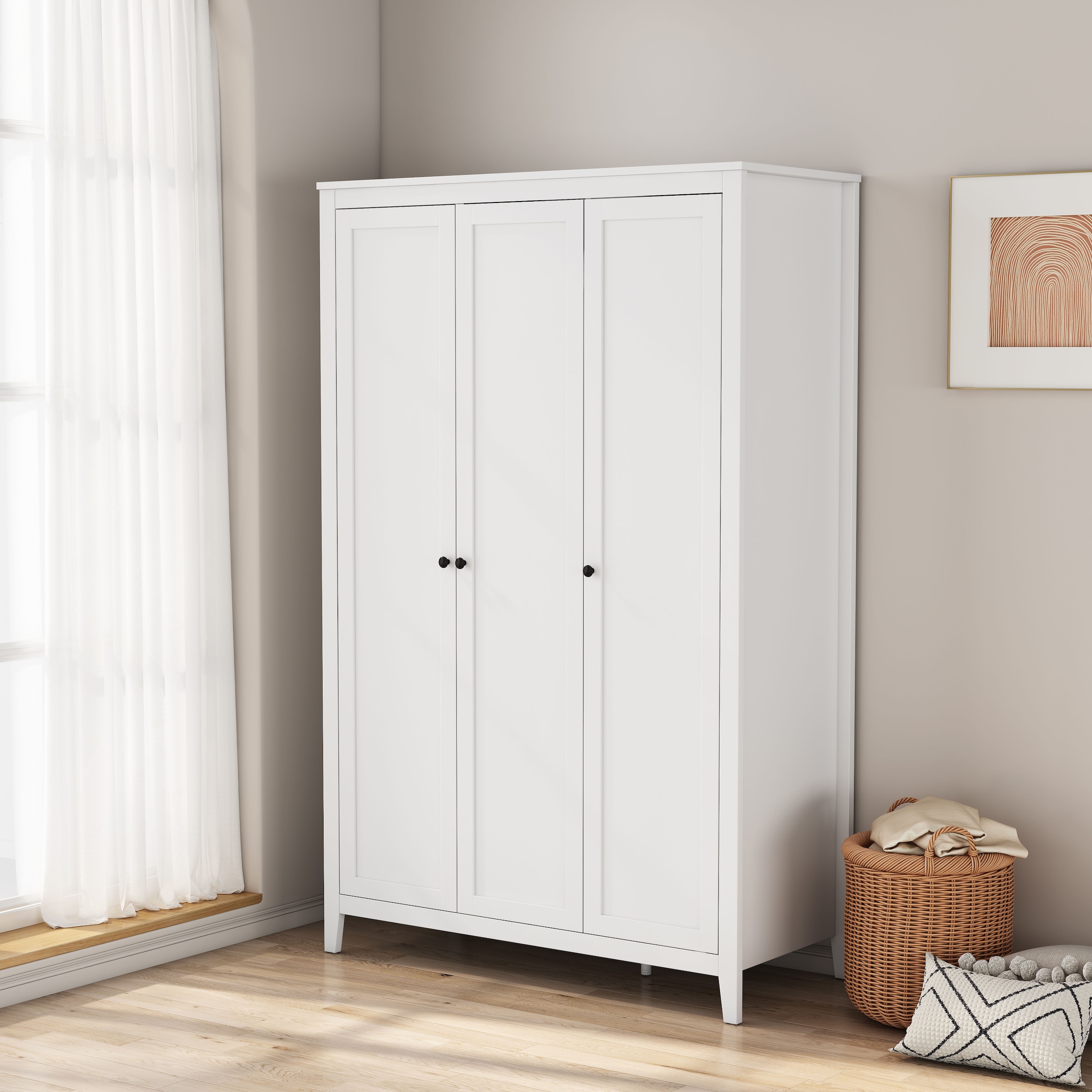 GOODproduct Kleiderschrank »Borkum Sideboard Anrichte mit 6 Schubladen Landhaus weiss« hochwertige schwarze Griffe aus Metall,  Schlafzimmerschrank mit 6 Böden und Kleiderstange, 3 Türen