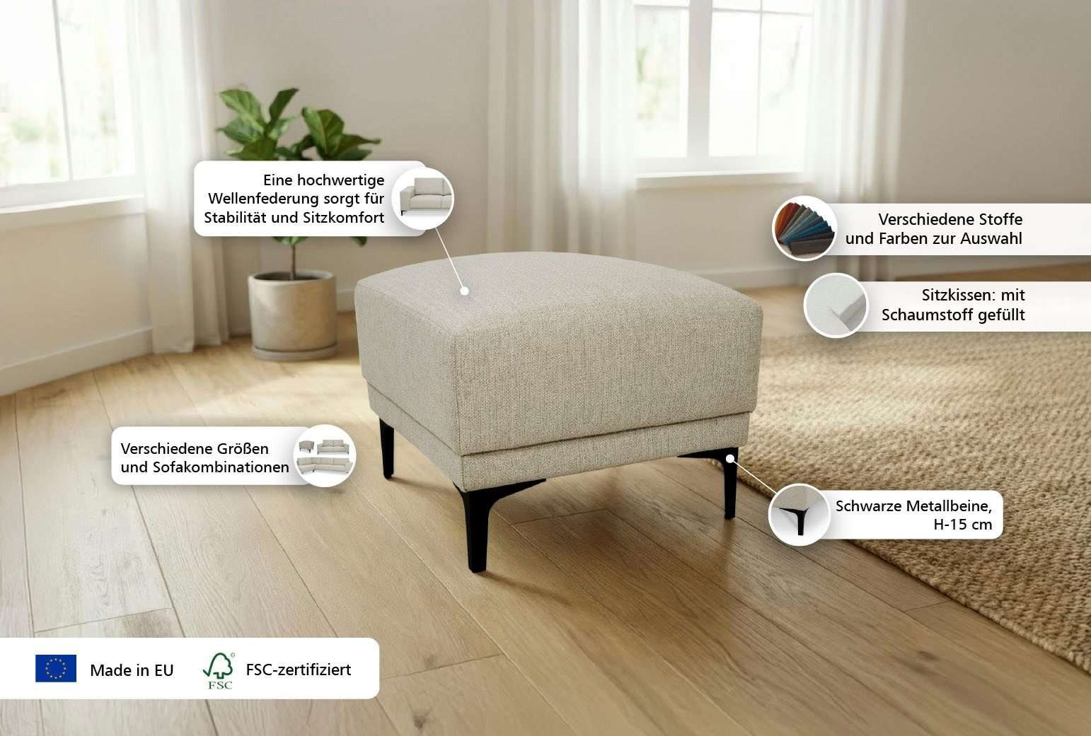 GOODproduct Polsterhocker »Xander« 1 Stk. tlg. Breite 58 cm, Soft-Touch Chenille, schwarze Metallfüsse
