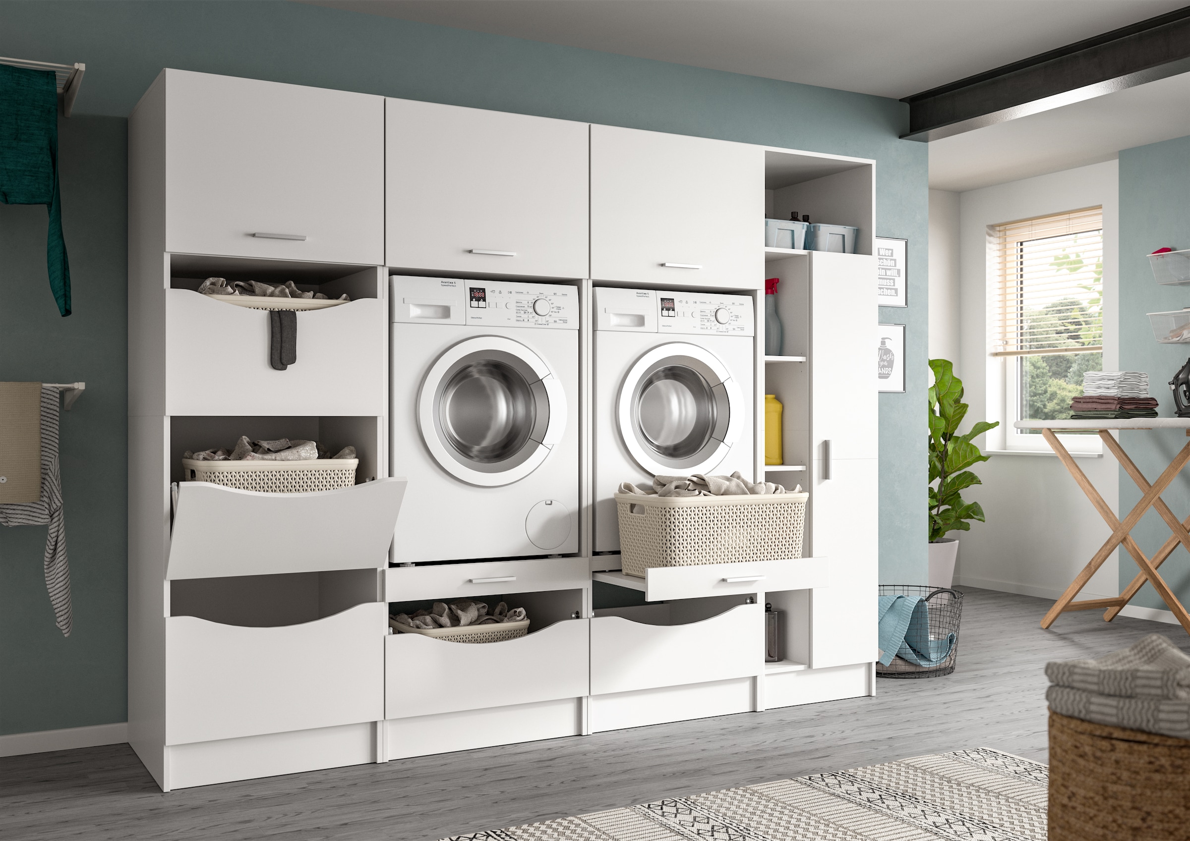 welltime Set d'armoires multi-usages »FALAS, TOPSELLER!, 4-teilig, Hauswirtschaftsraum Set, Breite 292 cm« 2x Waschmaschinenumbau-, 1x Wäsche- & 1x Mehrzweckschrank, 