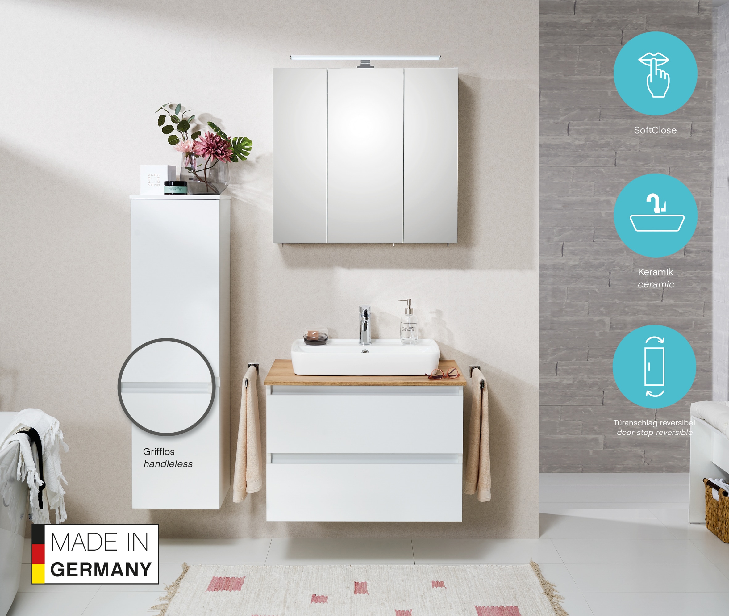 Saphir Armoire intermédiaire »Quickset 360 Badschrank in Weiss Glanz mit 2 Türen, 3 Glas-Einlegeböden« incl. amortisseur de porte, 35 cm de large, 124,5 cm de haut, sans poignée, suspendu au mur