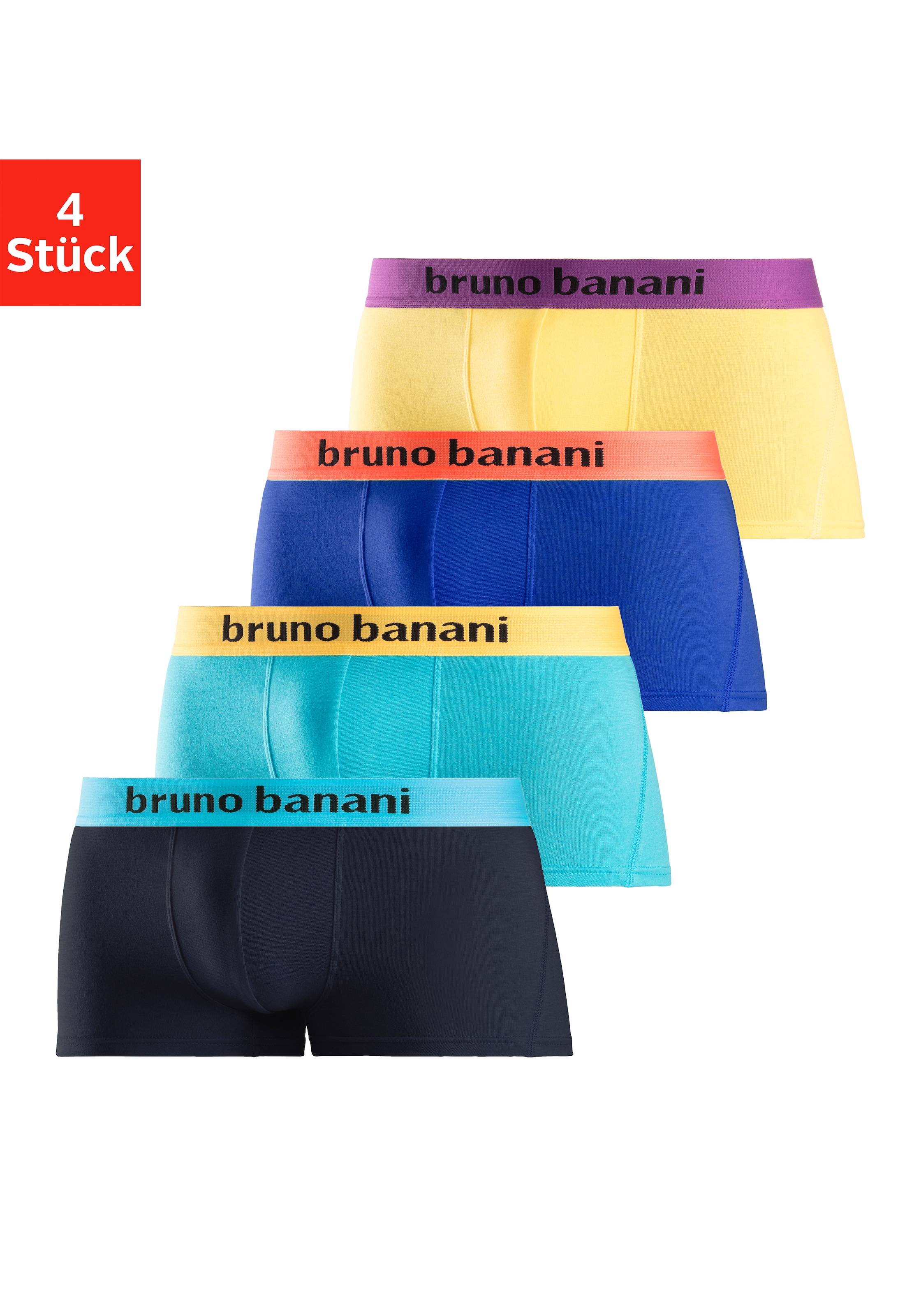 Bruno Banani Hipster Packung, 4 Stk. knapp sitzende Boxershorts mit Logo Webbund aus Baumwollmischung