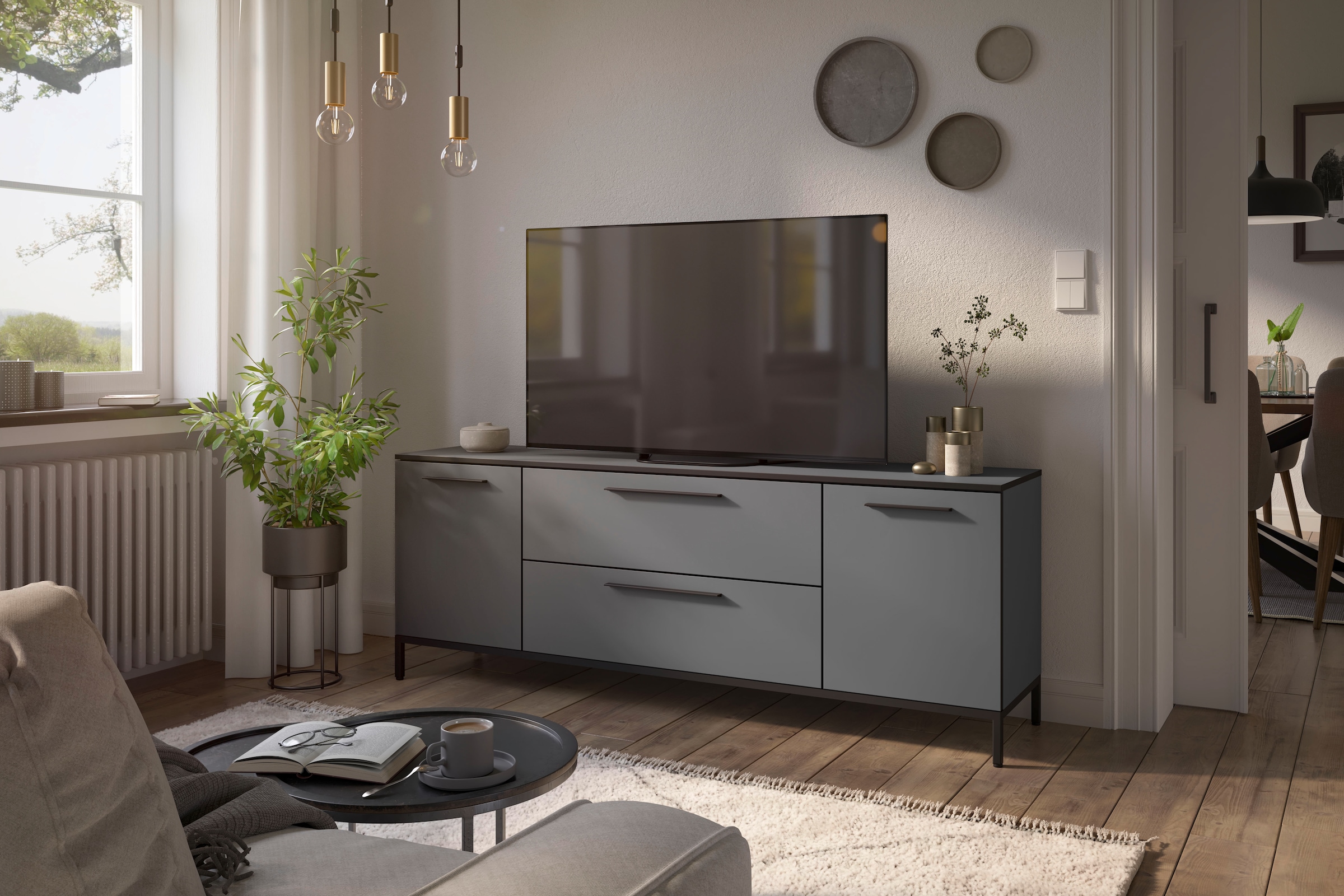 Manjana Möbel Lowboard »mit Schwarz matten Metallgriffen«