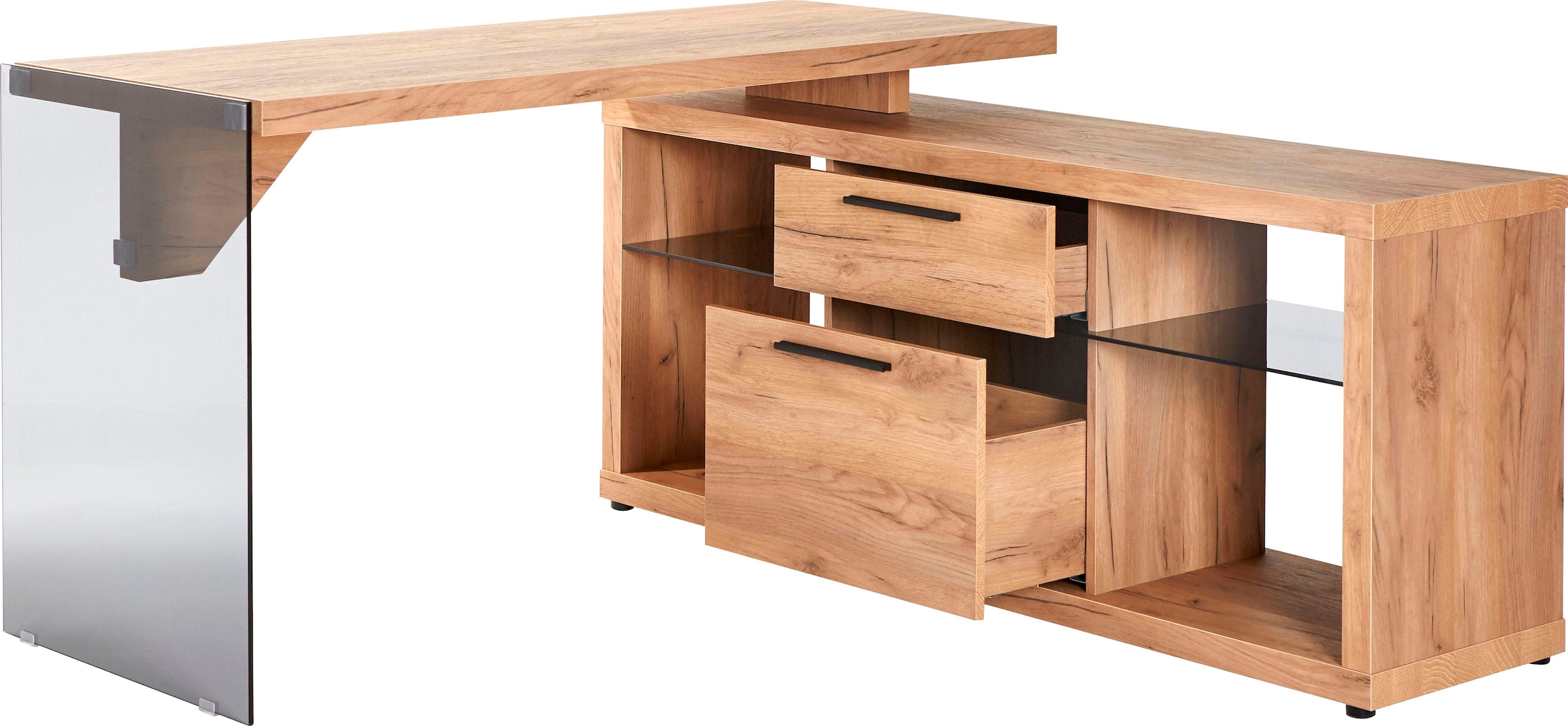 Jahnke Bureau d'angle »LUX« montage réversible, panneau latéral en verre de sécurité ESG