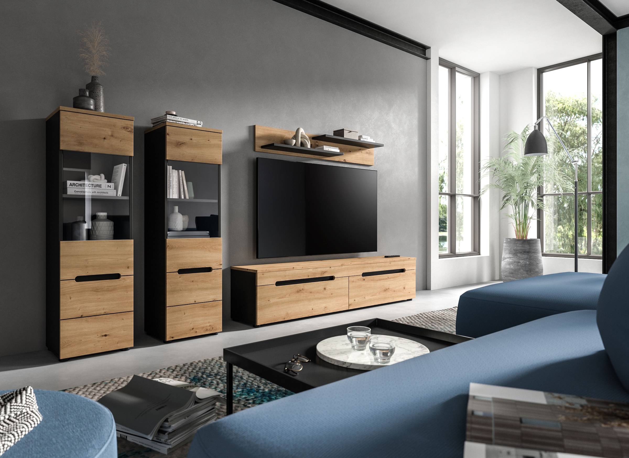 Home affaire Wohnwand »REHAT, 4-teilig, wahlweise stehend und hängend montierbar« Set bestehend aus: 2x Vitrine, Lowboard und Wandboard, 3 Stk. tlg.