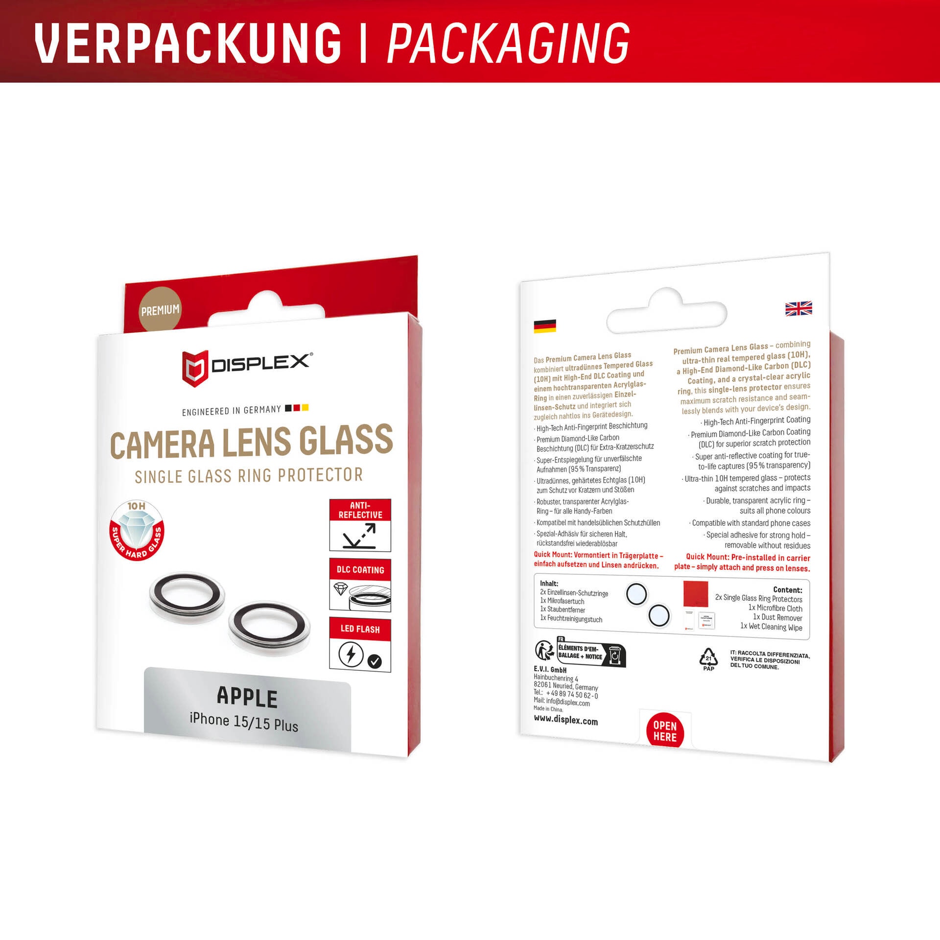 Displex Verre de protection pour appareil photo »Camera Lens Glass Single Glass Ring Protector« für Apple iPhone 15;Apple iPhone 15 Plus Packung, 2x Einzellinsen-Schutzringe,  Objektivschutz, Kameraschutz, kratz- & stossfest