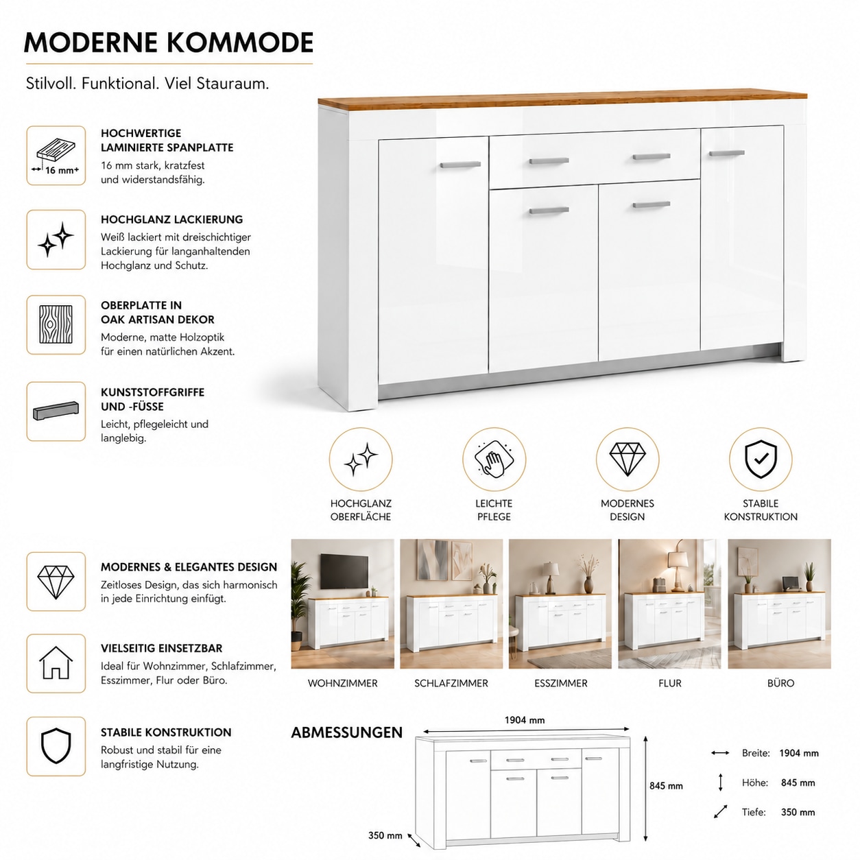 GOODproduct Kombikommode »Milan Sideboard, Highboard, Kommode, Schubladenkommode« Breite 190,4 cm, hochglänzende Fronten, 4 Türen, 1 Schublade