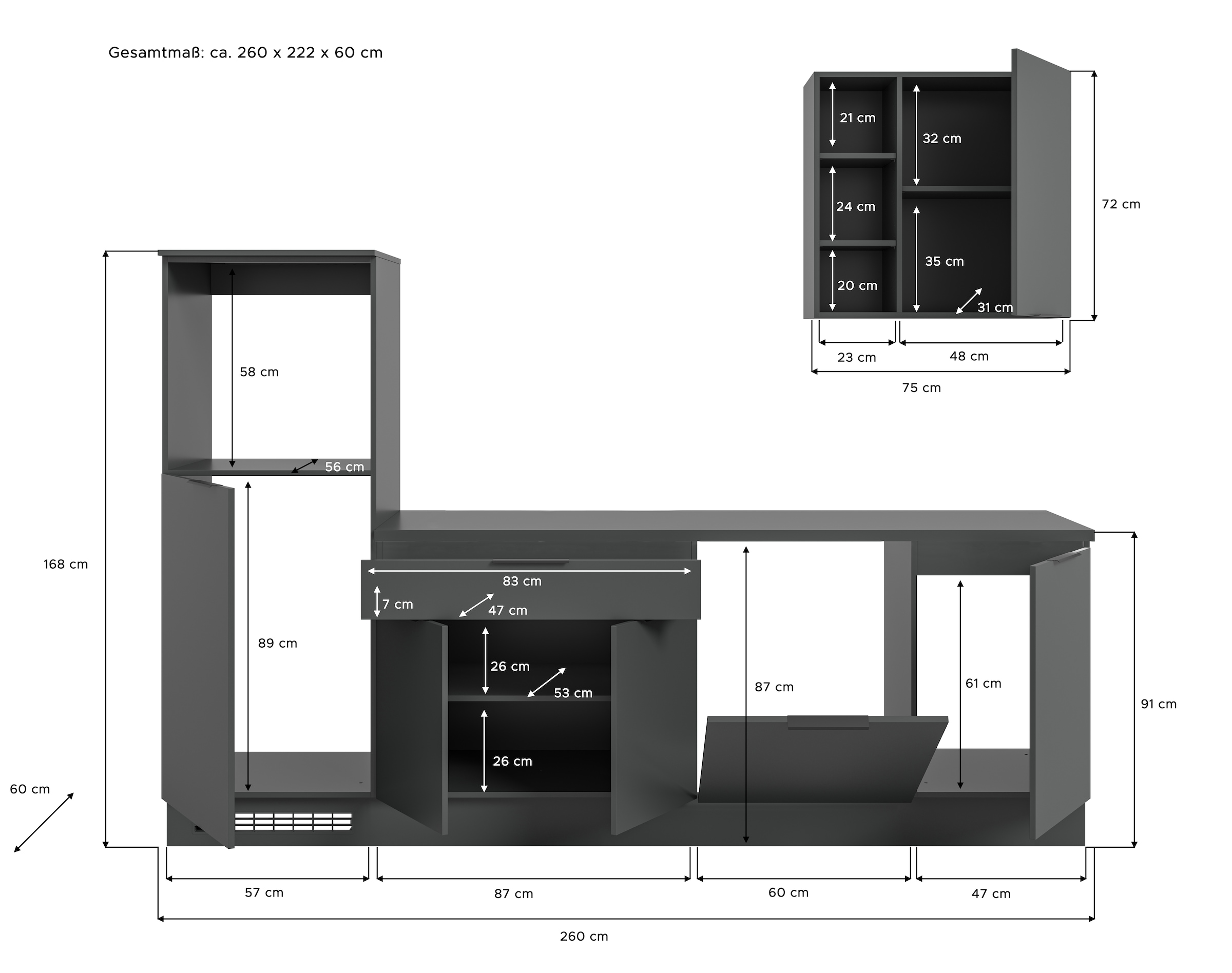 KOCHSTATION Kitchenette »KS-Lulea« Largeur 260 cm, sans appareils électriques, avec plan de travail épais de 3 cm