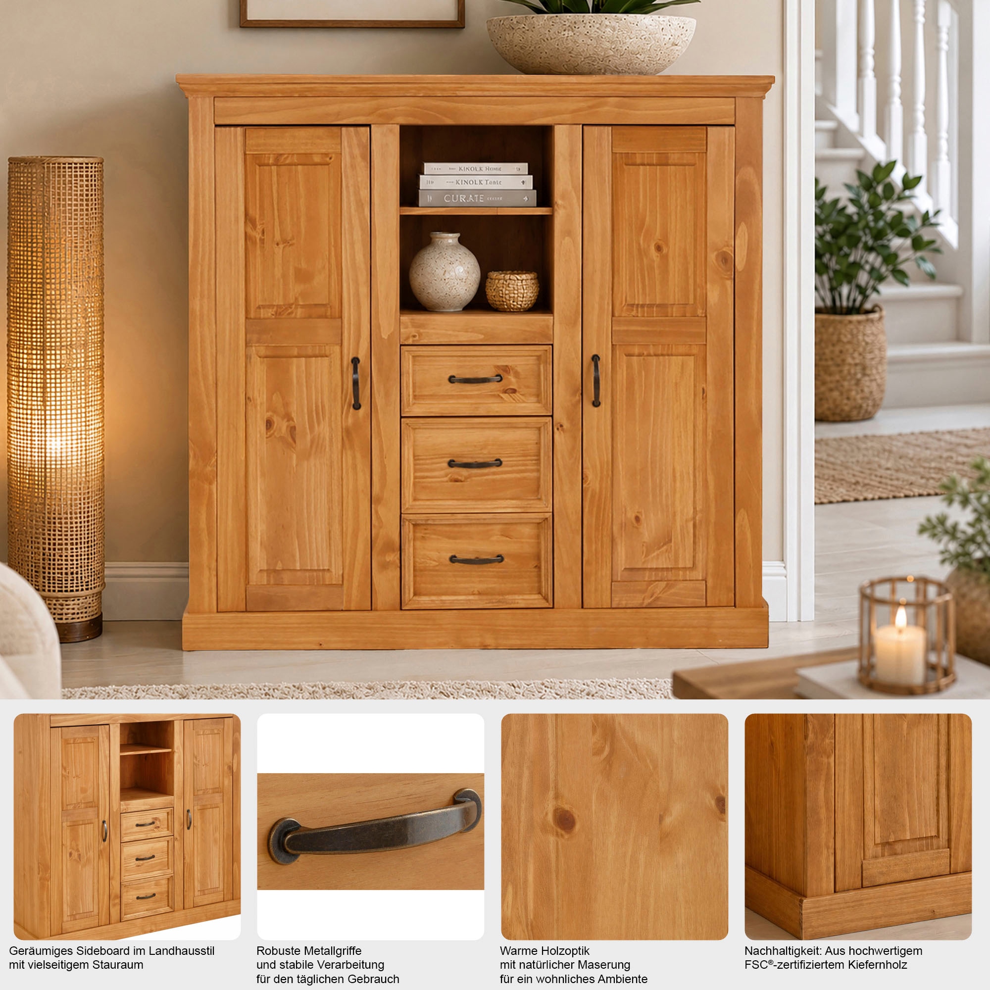 GOODproduct Buffet haut »Selma Kommode mit 2 Türen, 3 Schubläden und 8 Fächer, Metallgriffe« armoire de rangement, largeur 130 cm